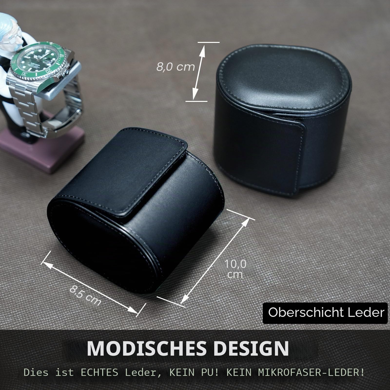 Uhrenrolle und Reiseetui, echtes Leder, individuelle Uhrenbox für Damen und Herren, Uhren-Organizer mit Wildlederschutz, sichere Aufbewahrung, Geschenkbox (Schwarz)