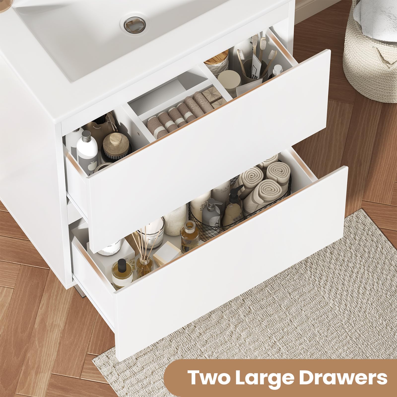 KIMENICH Lavabo con mobiletto da 60 cm, mobiletto da bagno con 2 cassetti grandi, lavabo con piedi, molto capiente, 61 x 46,5 x 87 cm, bianco