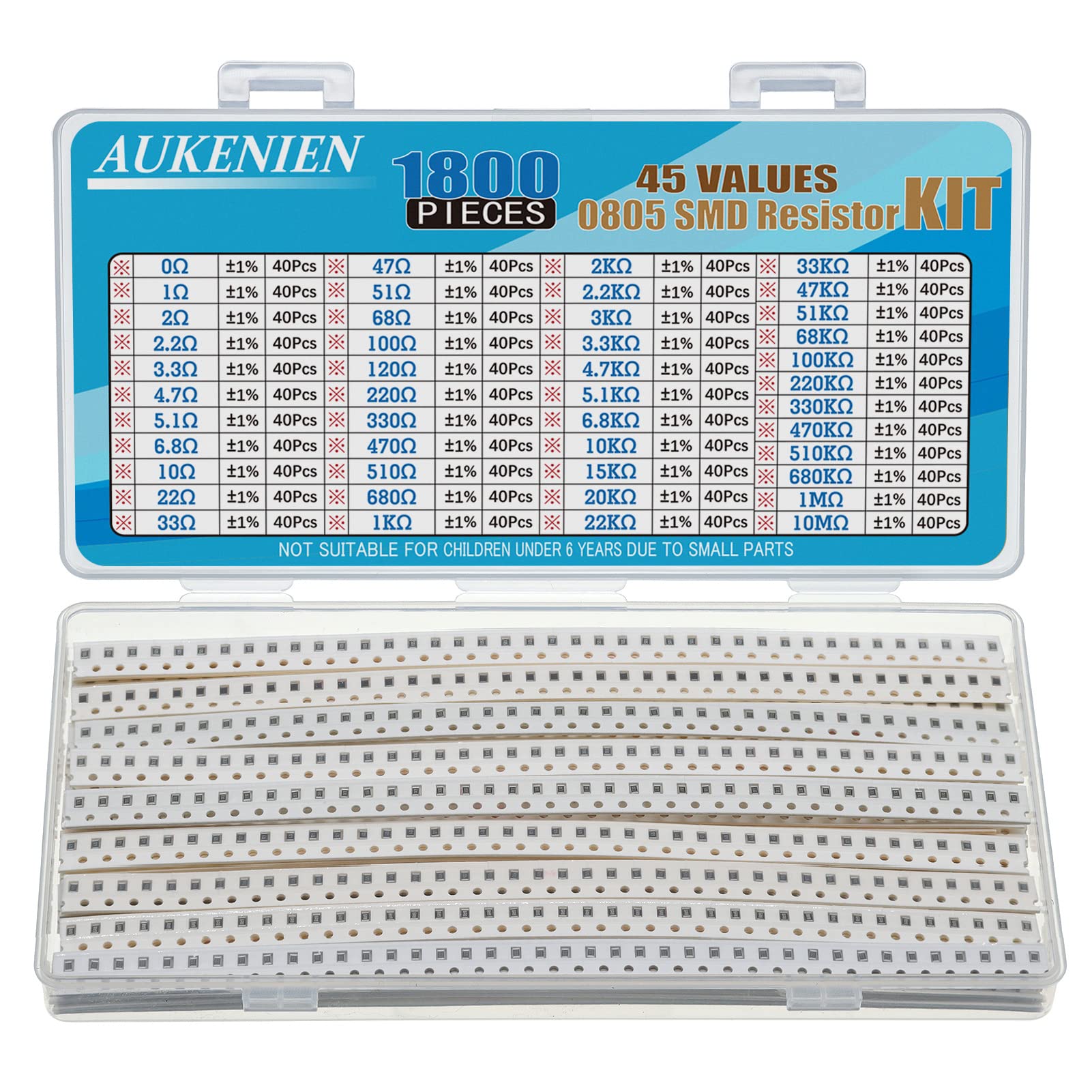 AUKENIEN 0805 SMD Resistencias 1800 Piezas 0R-10M Ohm 1/8W SMT Resistor Surtido Kit ±1% Tolerancia