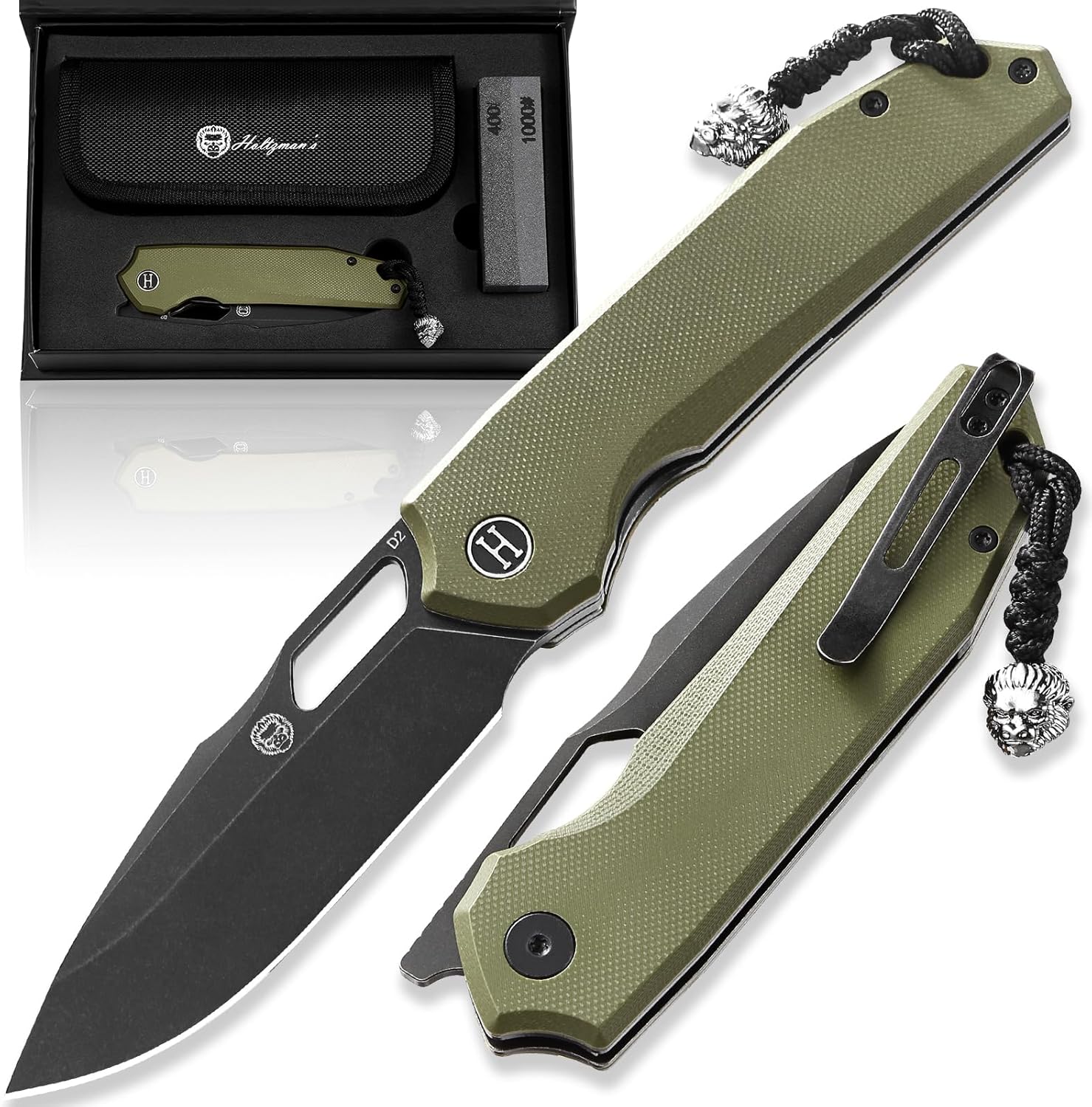 Holtzman's Gorilla Survival Folding Pocket Knife for Men with D2 Steel Blade and G10 Handle - Perfect for Everyday Carry - EDC Gift Set (Black Stonewashed + OD Green)