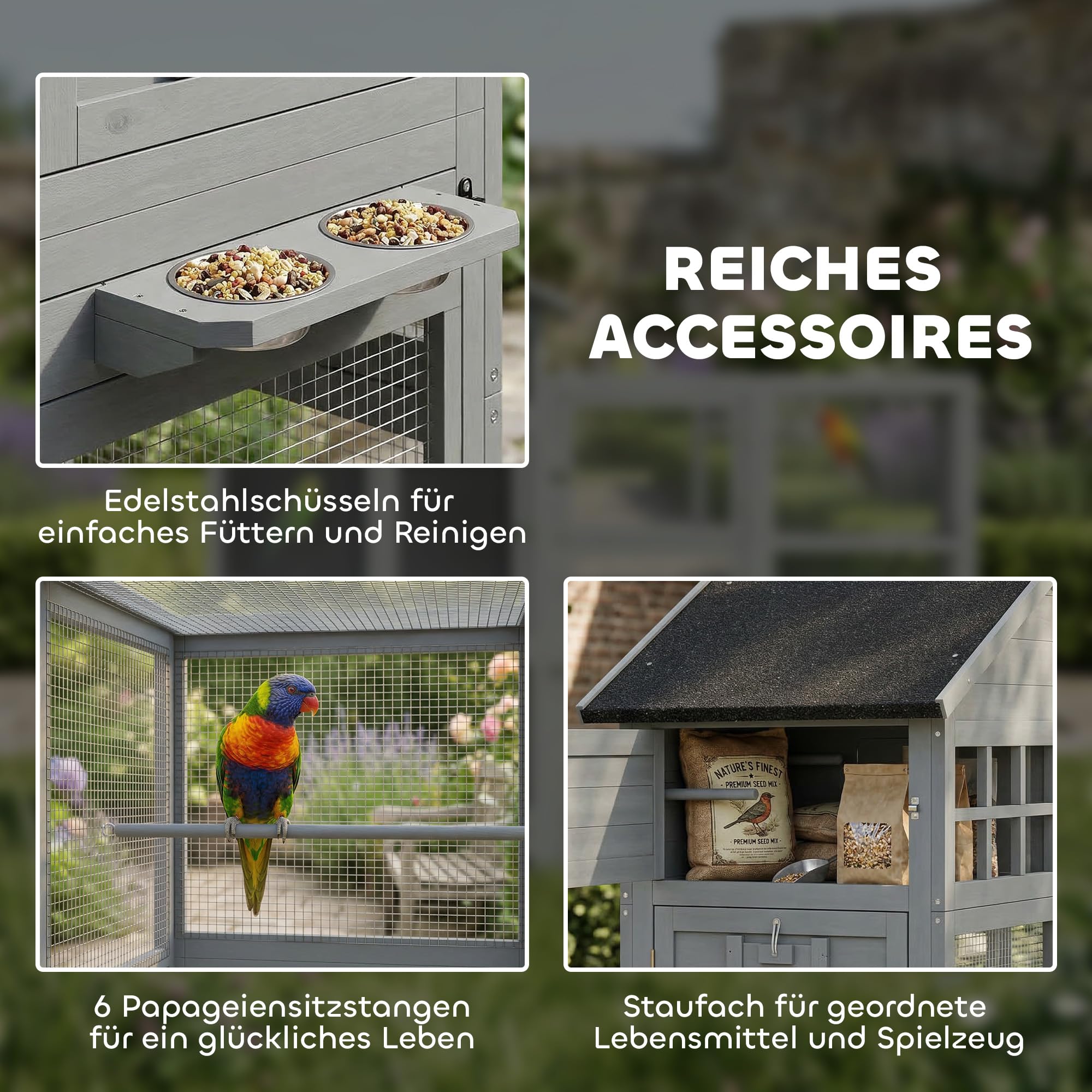 PawHut Pajarera de madera con ampliación, 6 perchas, 7 puertas, compartimento de almacenamiento, jaula para pájaros con cajón extraíble, cuencos de acero inoxidable, para pinzones, periquitos, gris