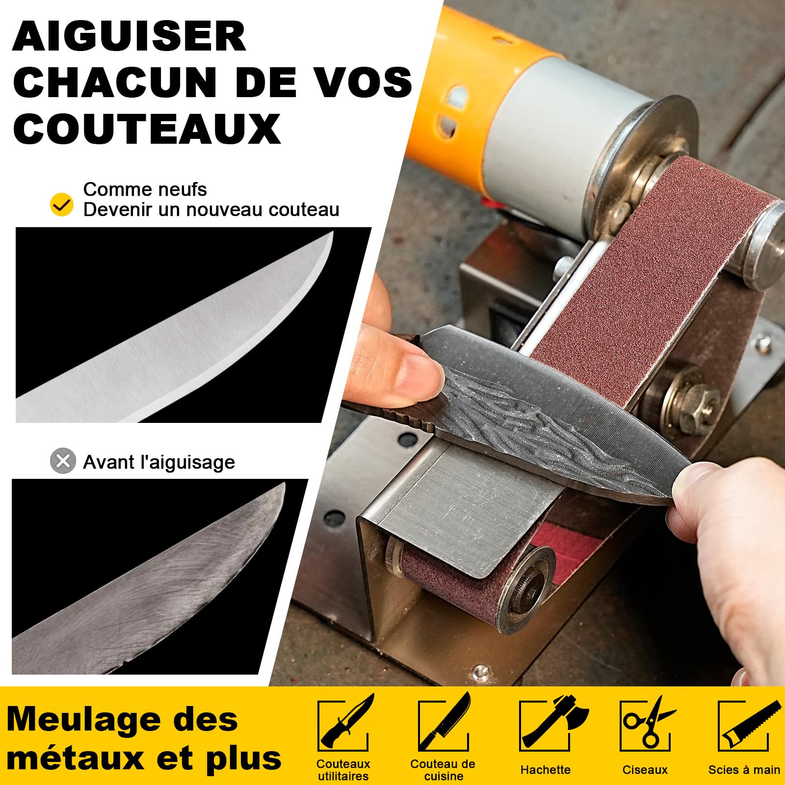 SI FANG Kit mini ponceuse à bande, Affûteurs électrique 15°, petite meuleuse d'établi à 7 vitesses, pour la fabrication de couteaux, l'affûtage des bords d'outils, le travail du bois et du métal