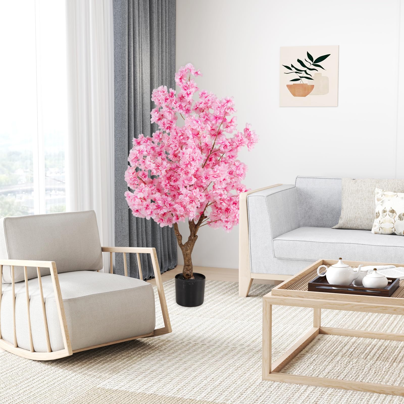 COSTWAY Plante Artificielle en Pot Remplies de Ciment 120CM, Fausse Cerisier avec 900 Fleurs Roses Tronc en Polyéthylène Multi-Branches, Décoration Moderne pour Salon Balcon Bureau