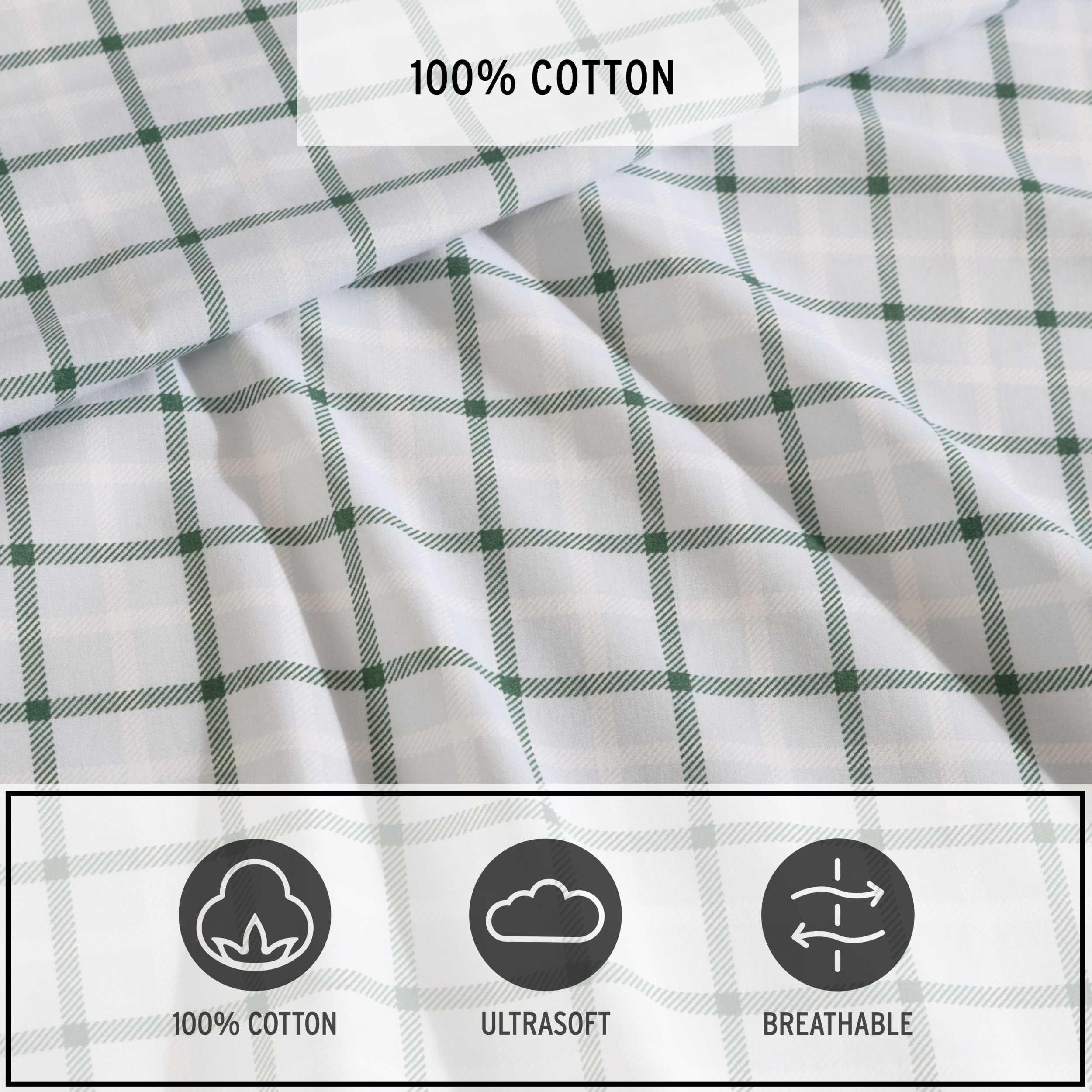 Eddie Bauer - Set di lenzuola doppie, set di biancheria da letto in percalle di cotone di alta qualità, decorazione per la casa, certificato Oeko-Tex (classico plaid verde Tattersall, doppio)