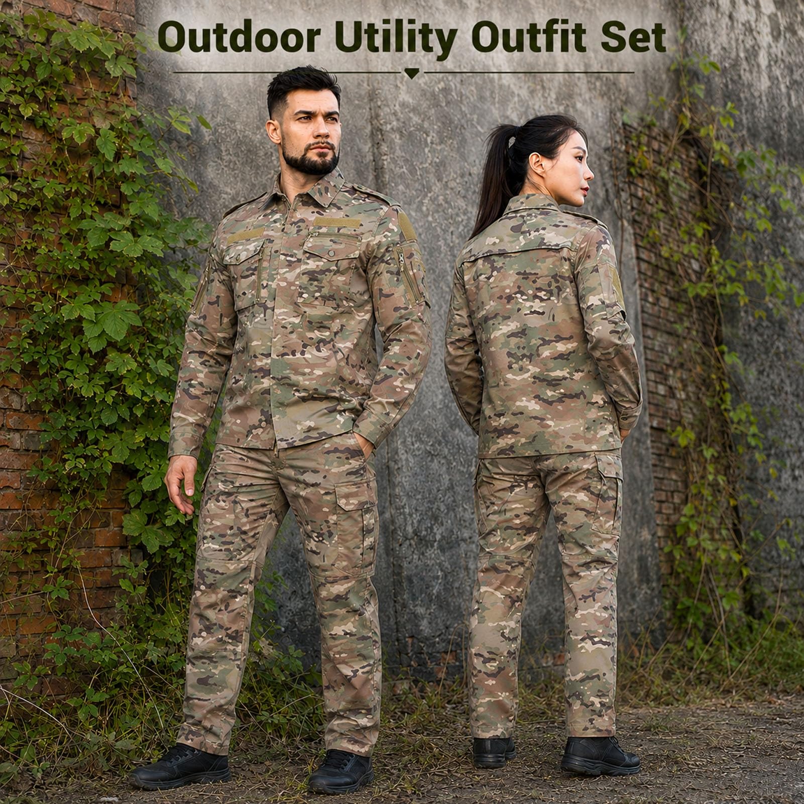 Set da uomo con camicia e pantaloni cargo, a maniche lunghe, per escursionismo, campeggio, lavoro e allenamento