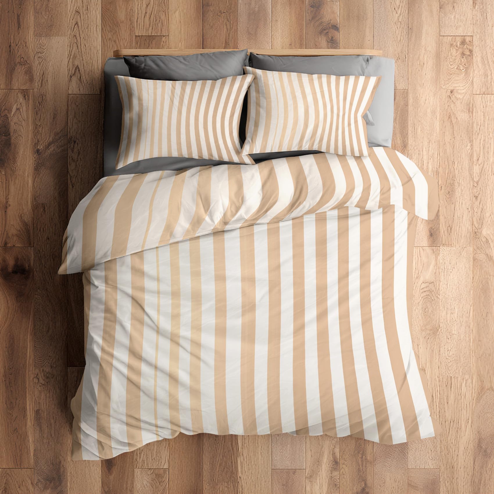 Générique Housse de Couette 220x240 Rayée Beige, Parure de Lit 2 Personnes Reversible Rayures Champêtre, Decoration Chambre, 2 Taies d'oreiller 65x65, Microfibre Doux, Zippée -k578