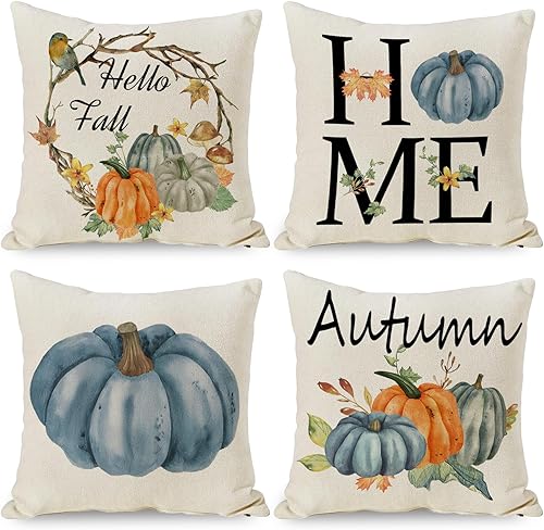 Juego de 4 fundas de almohada azules de otoño de 18 x 18 pulgadas, fundas de almohada de Acción de Gracias, calabazas azules otoñales, fundas de