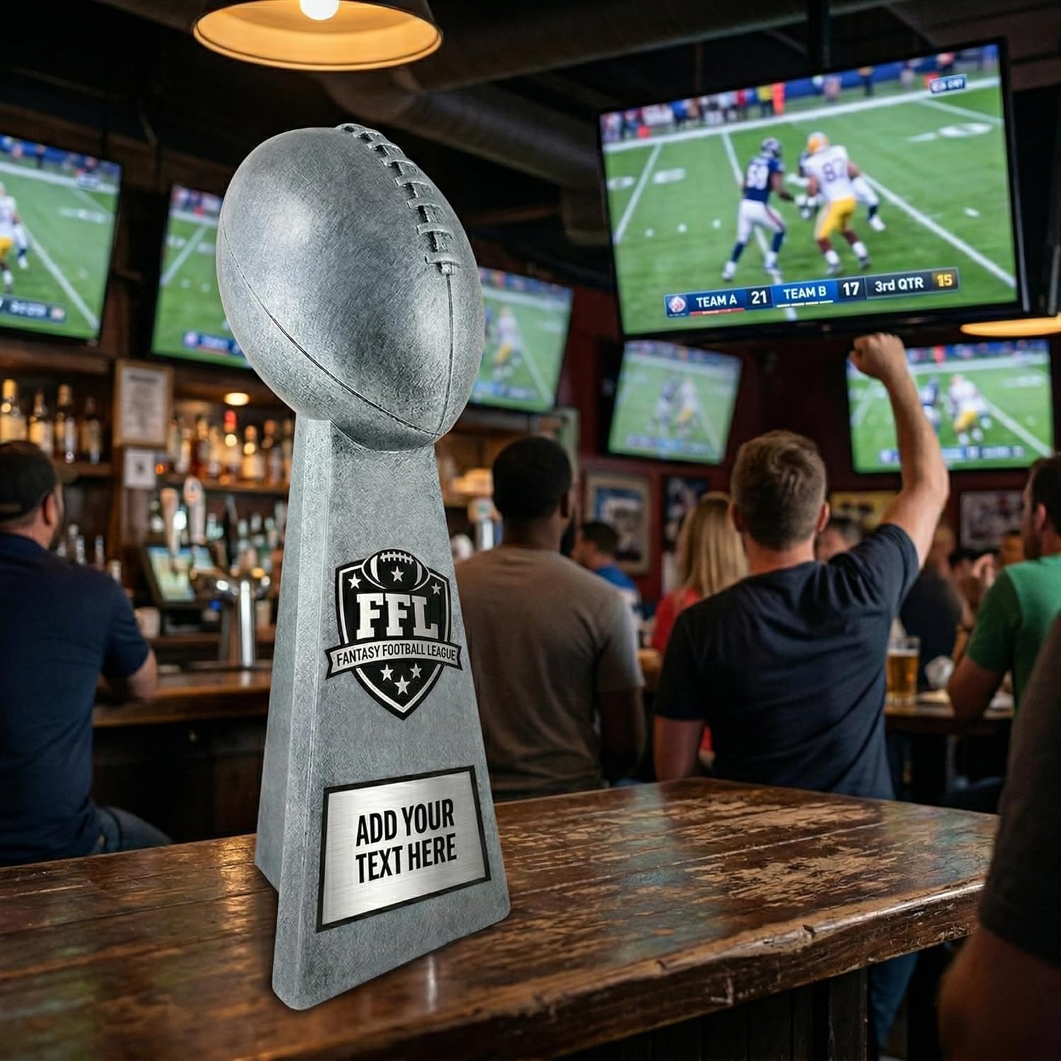Fantasy Football Trophy 2025 Customizable with Silver Plate - Vince Replica Championship Trophies Award for FFL League Winners Custom Engraving on Lombardi Style Award