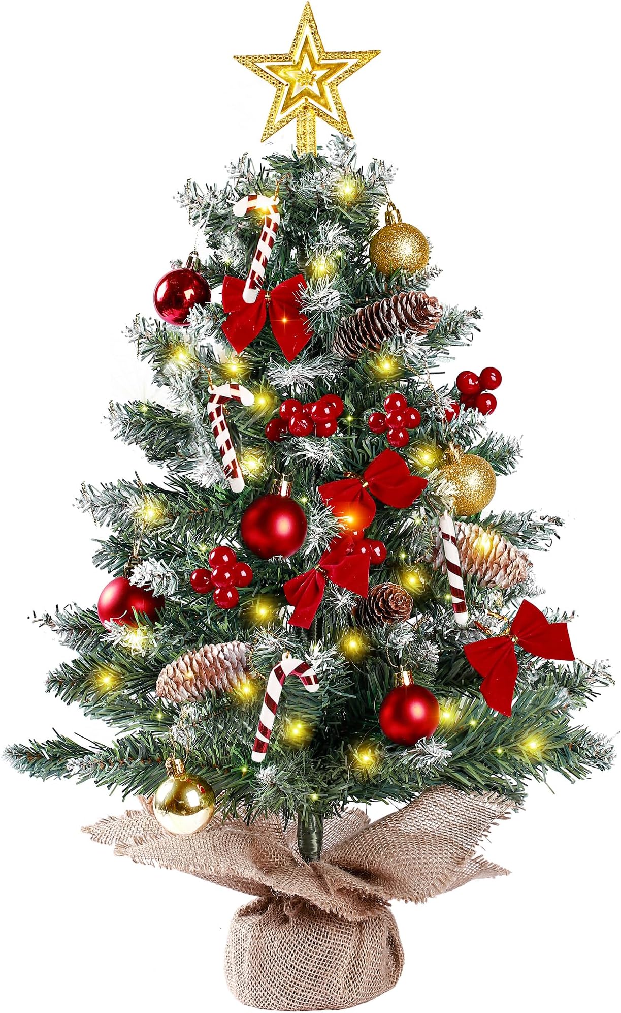Sggvecsy 23.6’’ Mini Snow Frosted Christmas Tree Table Top Lighted Artificial Xmas Tree Star Treetop Pine Cones Red Bows Balls Candy Canes Red Berries Hanging Ornaments DIY Holiday Indoor Decorations