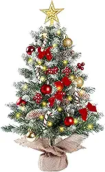 Sggvecsy Minimesa de árvore de Natal fosca de 60 cm, iluminada, artificial, árvore de Natal, estrela, pinheiro, arcos vermelhos, bolas, bengalas de doces, frutas vermelhas, enfeites para pendurar,