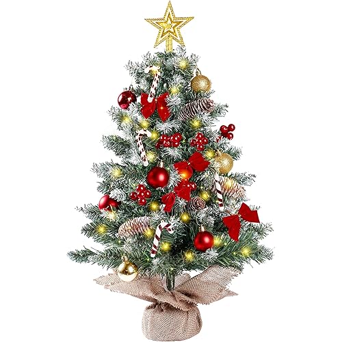 Sggvecsy 23.6’’ Mini Snow Frosted Christmas Tree Table Top Lighted Artificial Xmas Tree Star Treetop Pine Cones Red Bows Balls Candy Canes Red Berries Hanging Ornaments DIY Holiday Indoor Decorations