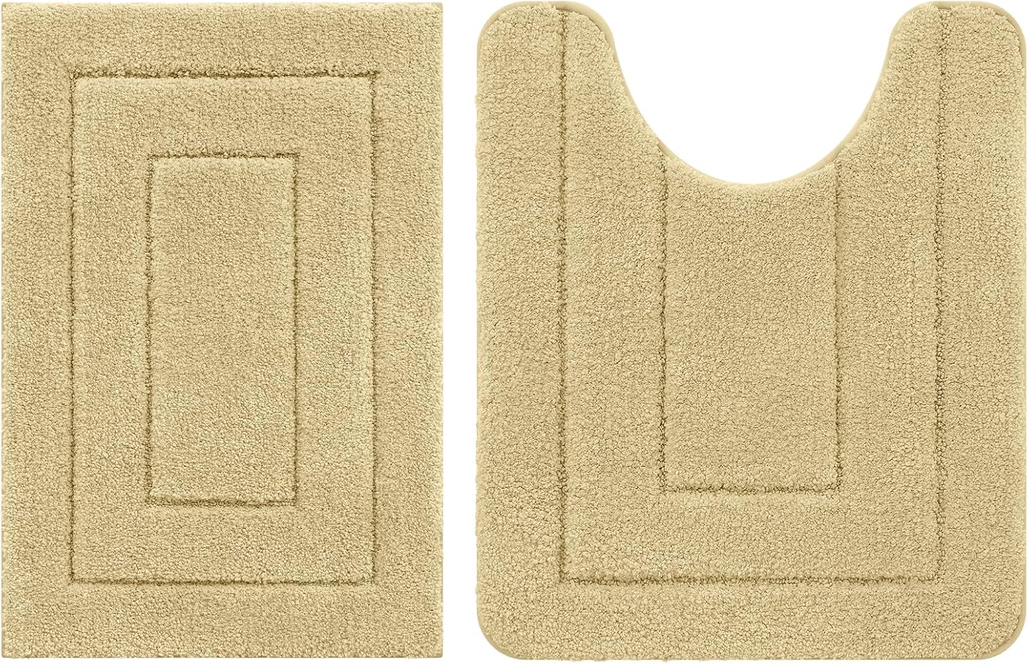 Buganda Microfiber Bathroom Rugs and Toilet Rugs U-Shaped, Bath Rug Size 24 x 16 and Toilet Rugs Size 24 x 20 in Beige, 2 Item Bundle
