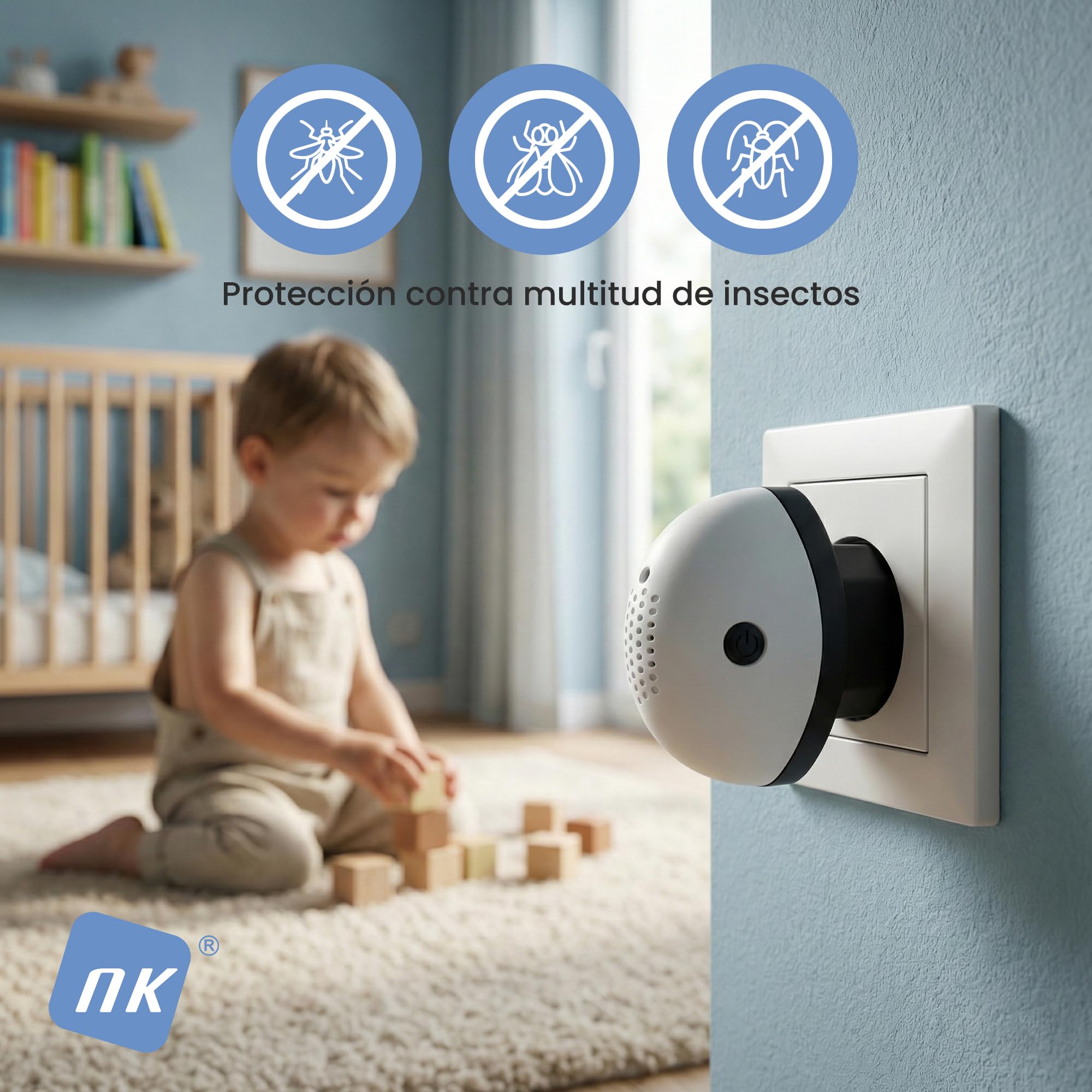 NK Repelente Ultrasónico Antimosquitos Electrónico - Control por Botón, Cobertura 150 m², Uso Interior, Blanco y Negro