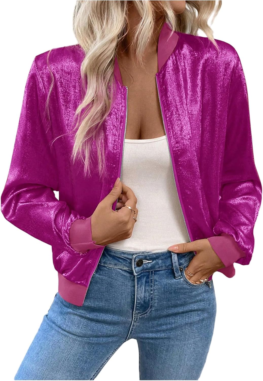 SHENHE Women’s Metallic Bomber Jacket Lightweight Zip Up Long Sleeve Fashion Jacket Outwear