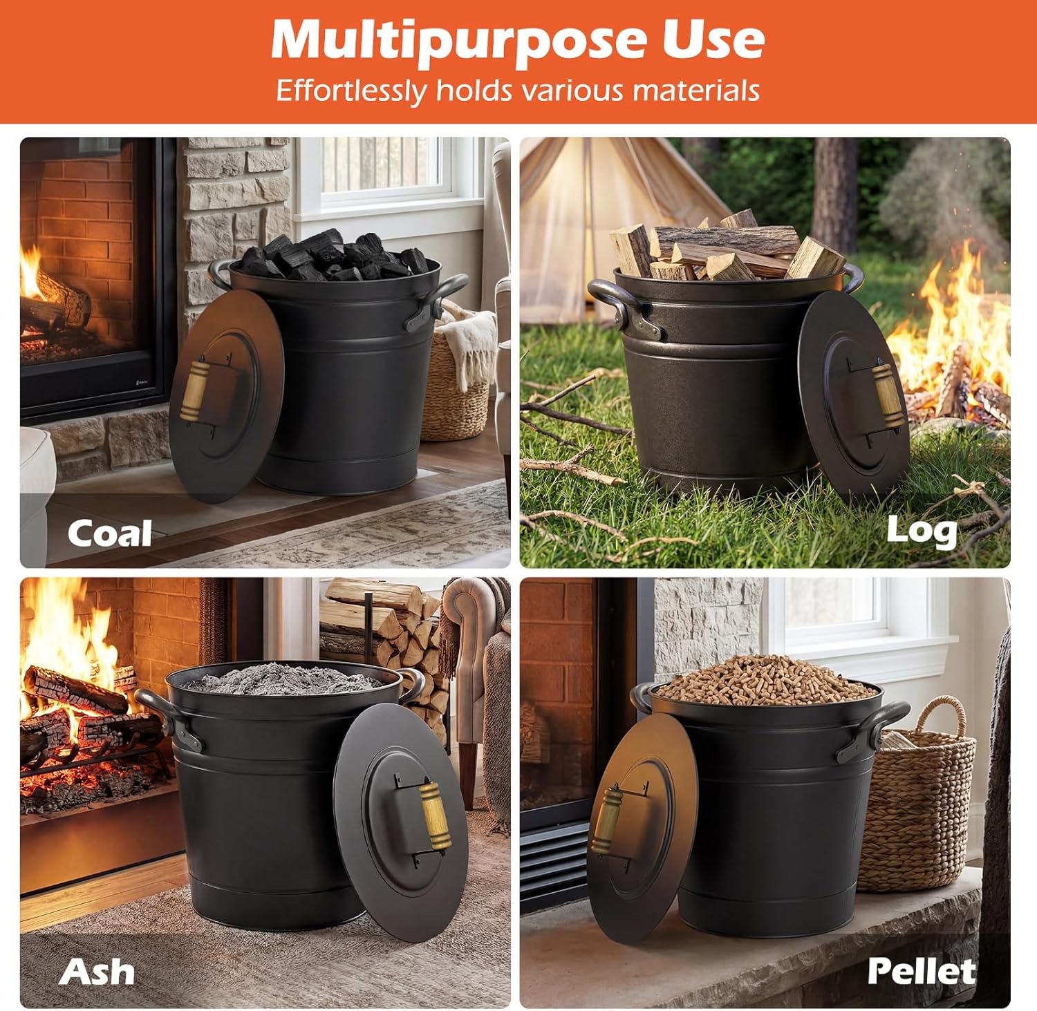 Tangkula 3 Gallon Ash Bucket with Lid, Galvanized Metal Coal Ash Cleaning Can w/Mango Wood Handle & Dual Side Handles, Indoor & Outdoor Fireplace Tool Ash Pail for Fire Pits Wood Burning Stoves