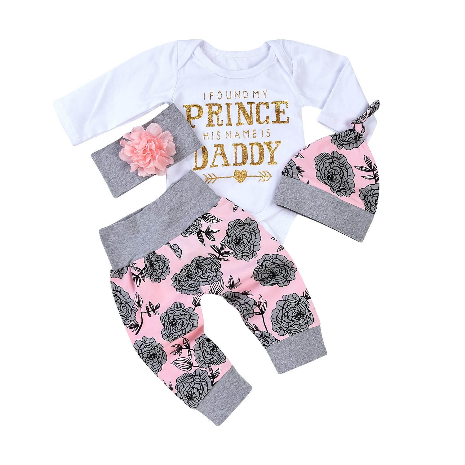 4Pcs Infant Baby Girls Arrow Letters Romper Top+Long Floral Pant Leggings+Warm Hat+Headhand Bodysuit