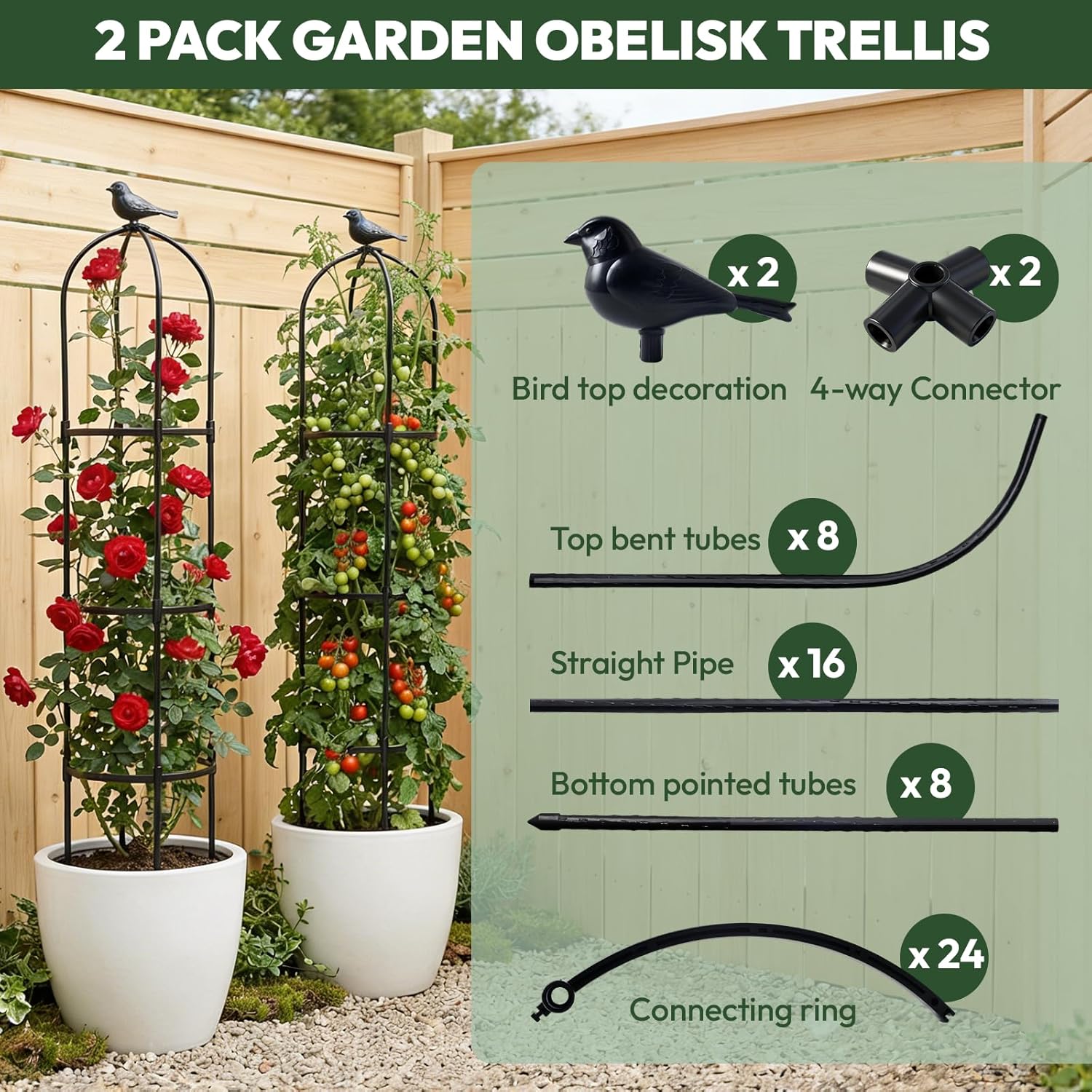 2 Pack Garden Obelisk Trellis for Climbing Plants, 6FT Plant Cages and Supports, Tomato Cage Tall Plant Stakes Garden Trellis for Indoor & Outdoor Plants, Vegetables, Fruits, Flowers, Pots, Vines
