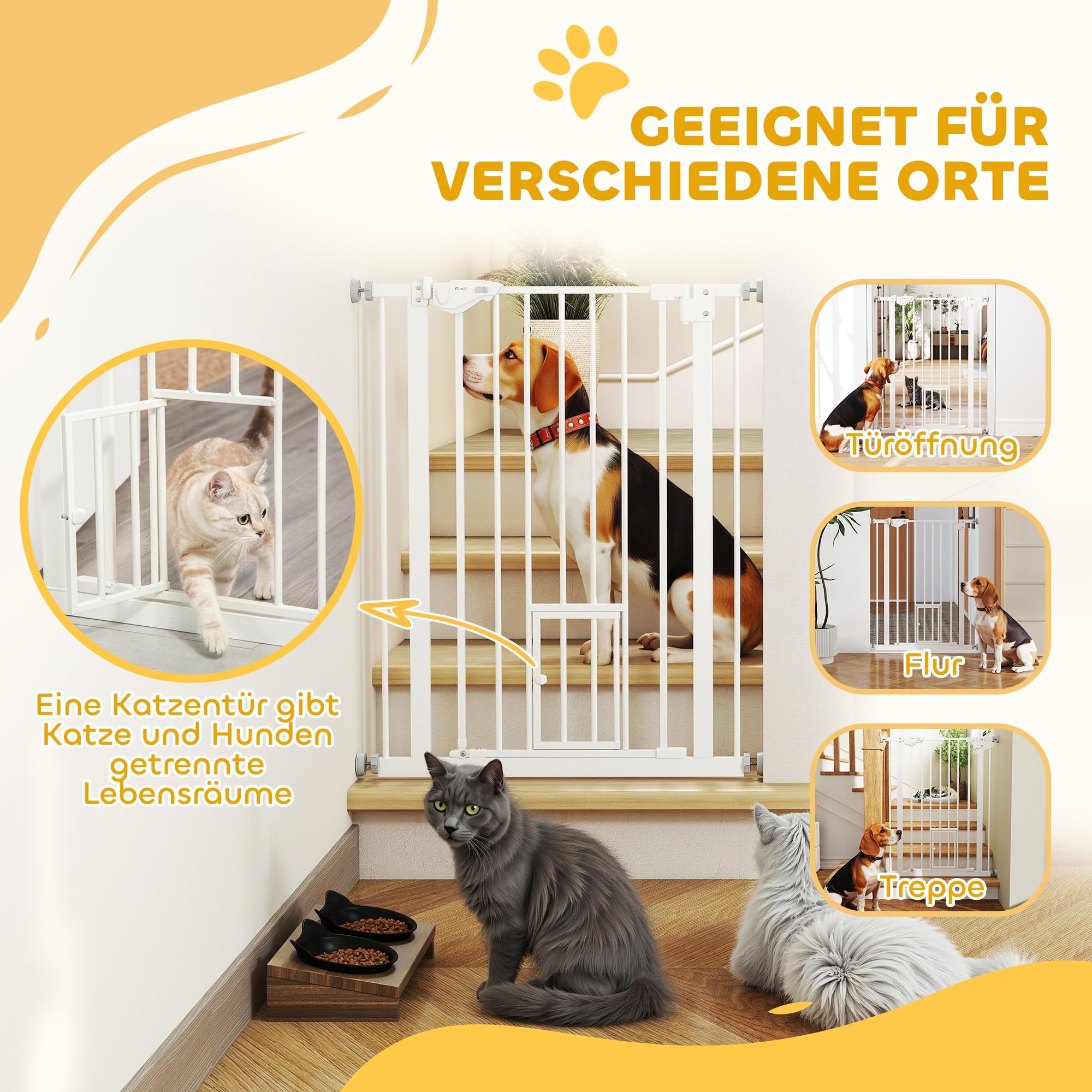 PawHut Treppenschutzgitter Ohne Bohren 74-80cm für Kinder Haustiere Weiß | Türschutzgitter, Kinderschutzgitter, Auto-Close, Einhand Öffnung, Doppelte Verriegelung, Türgitter für Treppen Türen