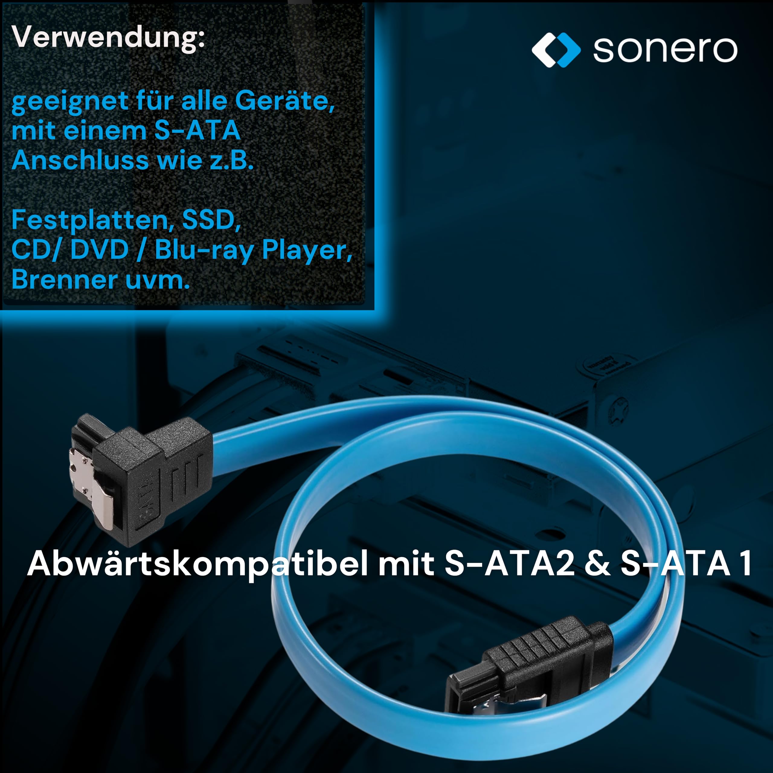 Sonero® kabel do transmisji danych SATA III 6Gb/s, 0,30 m, pod kątem, niebieski