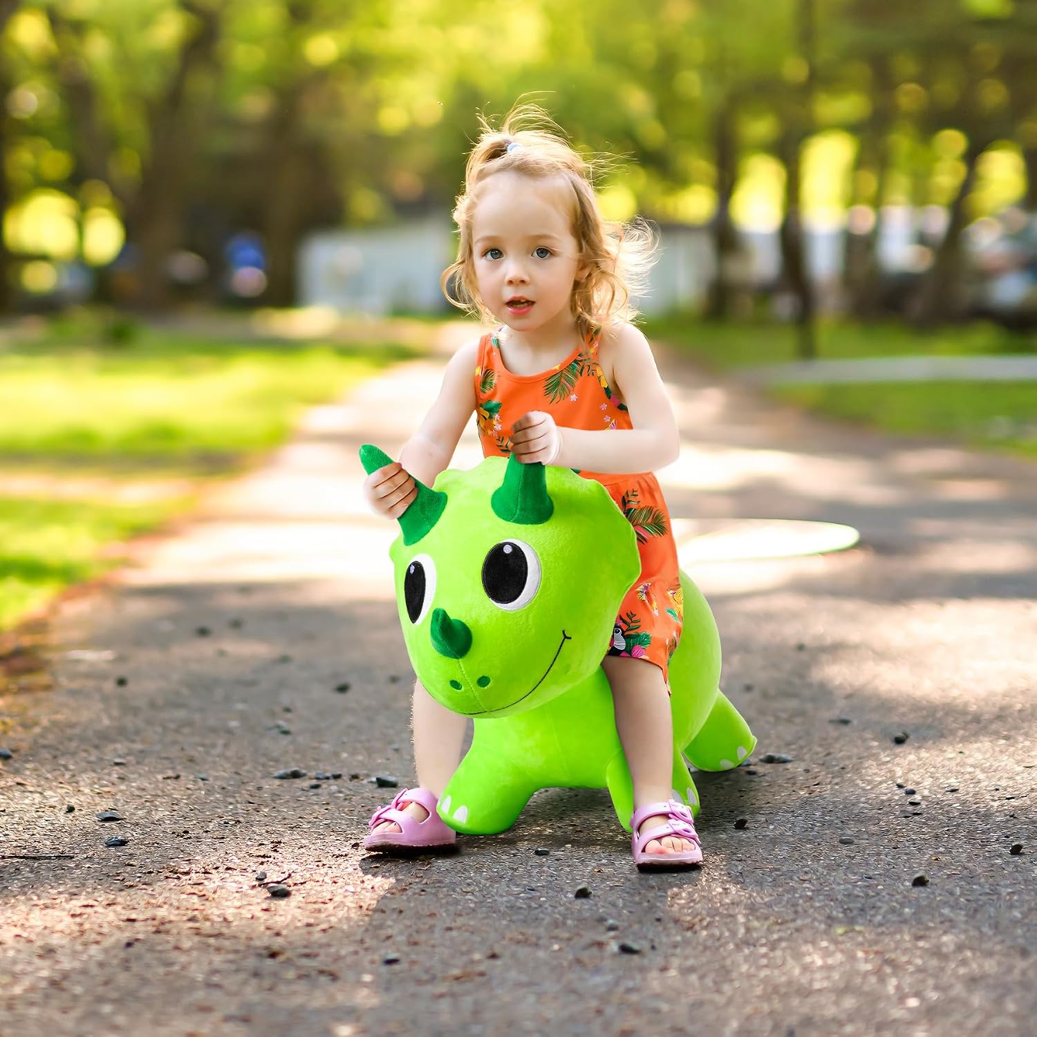 ZOOJOY Plush Bouncy Dinosaur Hopper for Toddlers Soft Covered Inflatable Ride-On Animal Horse Hopper, Dino Bouncy with Pump, Indoor Outdoor Ride On Toys for 18 Months 2 3 4 5 6 Years Boys Girls