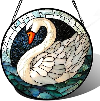 Stained Glass Window Hanging - Elegant White Swan Suncatcher for Doors Window Home Blue Sun Catchers Decor Christmas Mothers Day Birthday Gifts for Teacher Women Men Mom Nana 7.8 in