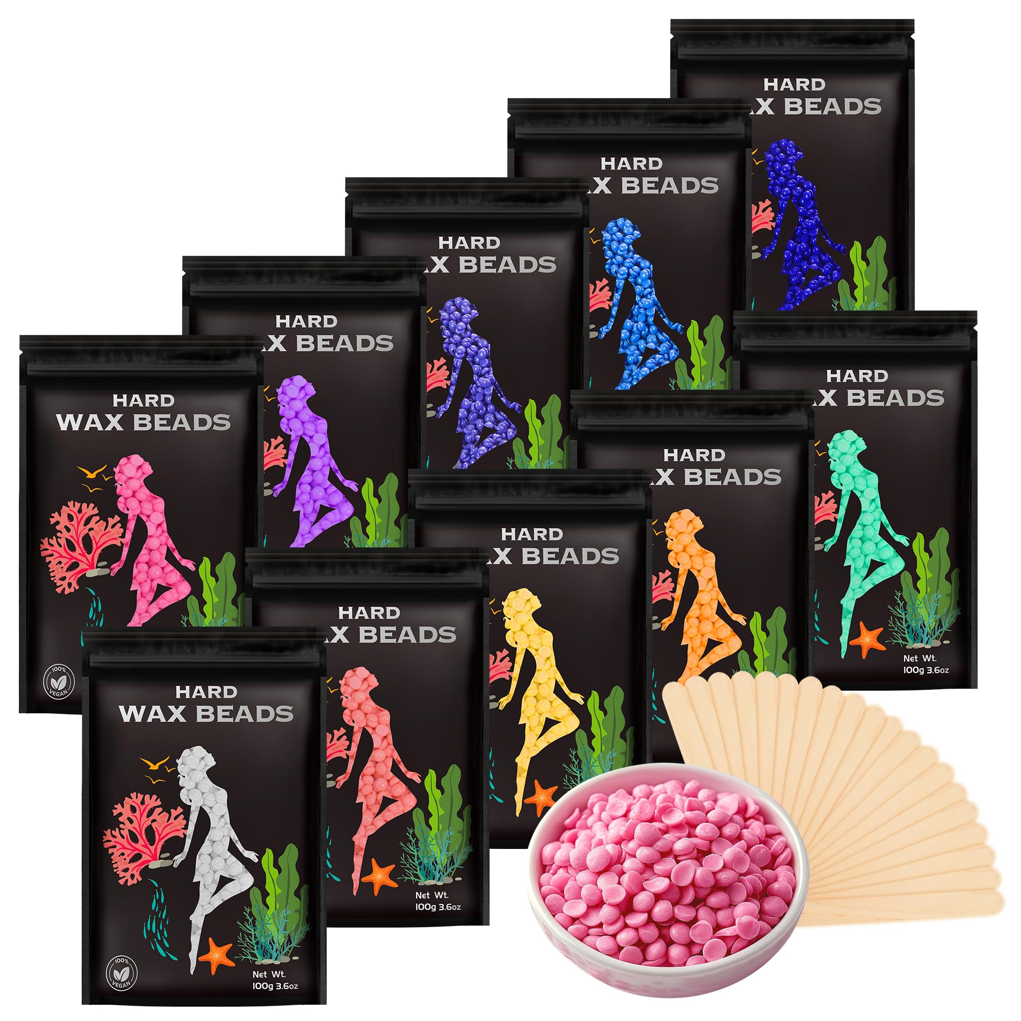 Hair Removal Wax Beads 2.2lb (1000g), Hard Wax Beads for Whole Body, Painless Hair Removal Wax Bead Set for Women and Men, 10 Flavours, Contains 20 Wax Sticks