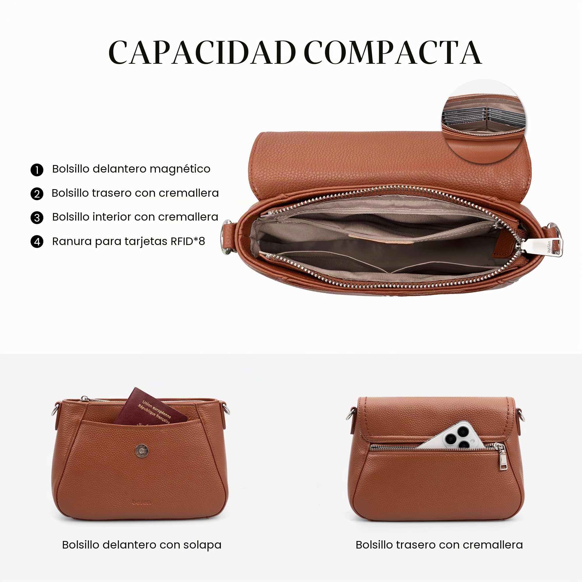 befen Bolsos Bandolera de Cuero Auténtico para Mujer con Protección RFID - Bolso Medio Tipo Silla de Montar - Bolso de Cruz
