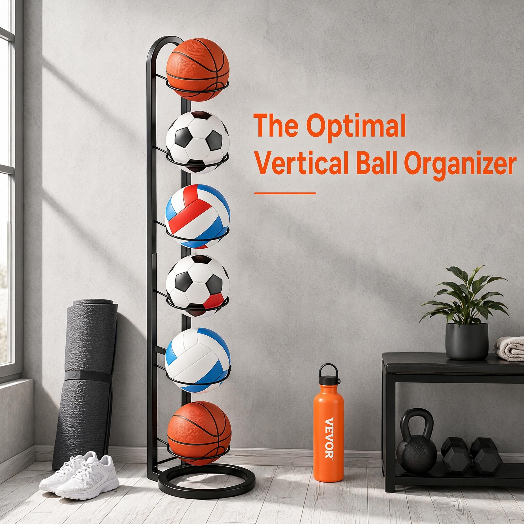 BYZESTY Support De Balle Verticale À 6 Niveaux, Support De Rangement Vertical pour Balles, Organiseur De Basket-Ball, Porte Ballon Basket, Support Ballon Foot, Verticale Support Ballon Basket