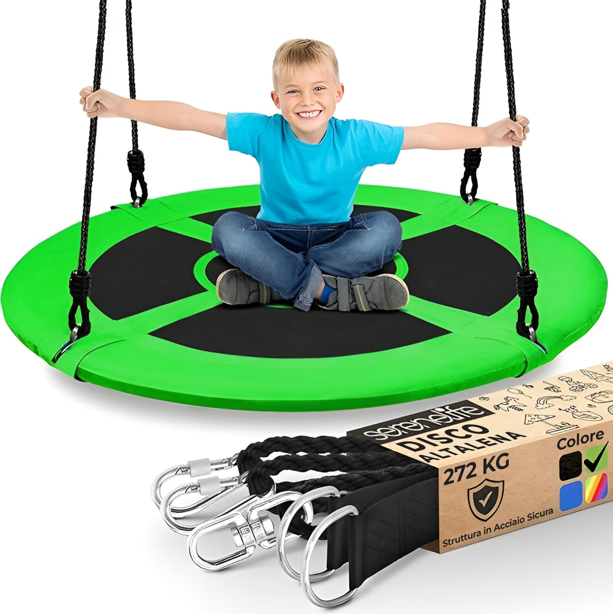 SereneLife Altalena da Giardino per Bambini Rotonda 102 cm con Kit di Fissaggio, Corde Regolabili e Altalena Girevole Centrale per Uso Esterno
