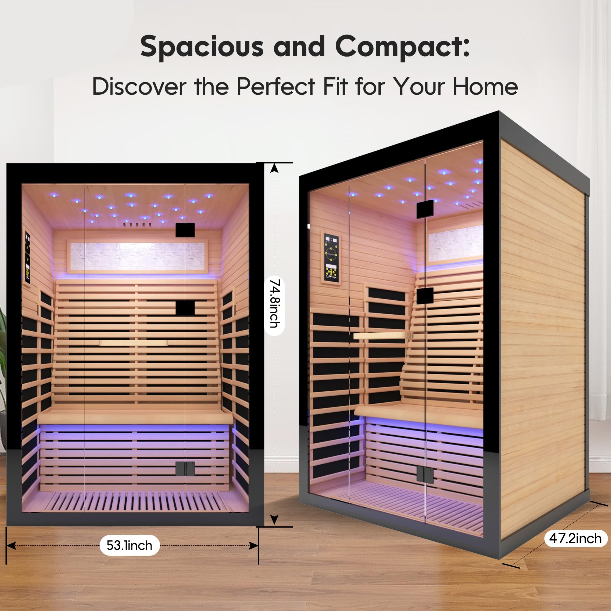 SUNTAGE Luxuriöse große Ferninfrarot-Sauna für Zuhause, kanadische Hemlock-Holzsauna mit 8 Epoxid-Heizplatten, 2160 W hohe Leistung, Sternenlicht und zweifarbiger Streifen, 150 kg Belastung