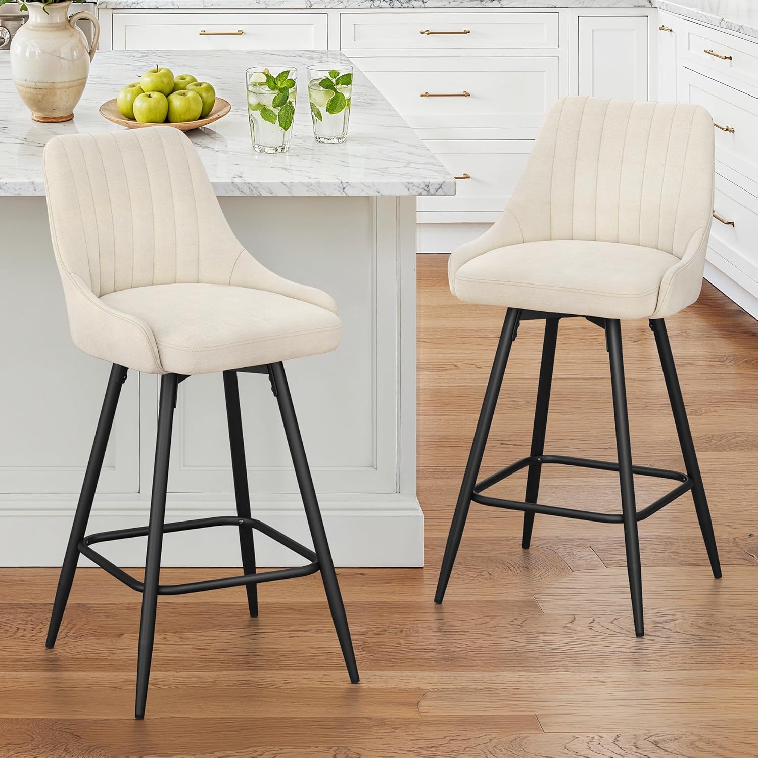 LUE BONA Counter Height Bar Stools Set of 2, 26'' Swivel Modern Barstools with armrests and Metal Legs, Upholstered Bar Chairs, Linen Fabric Bar Stools for Kitchen Island, Cream Color