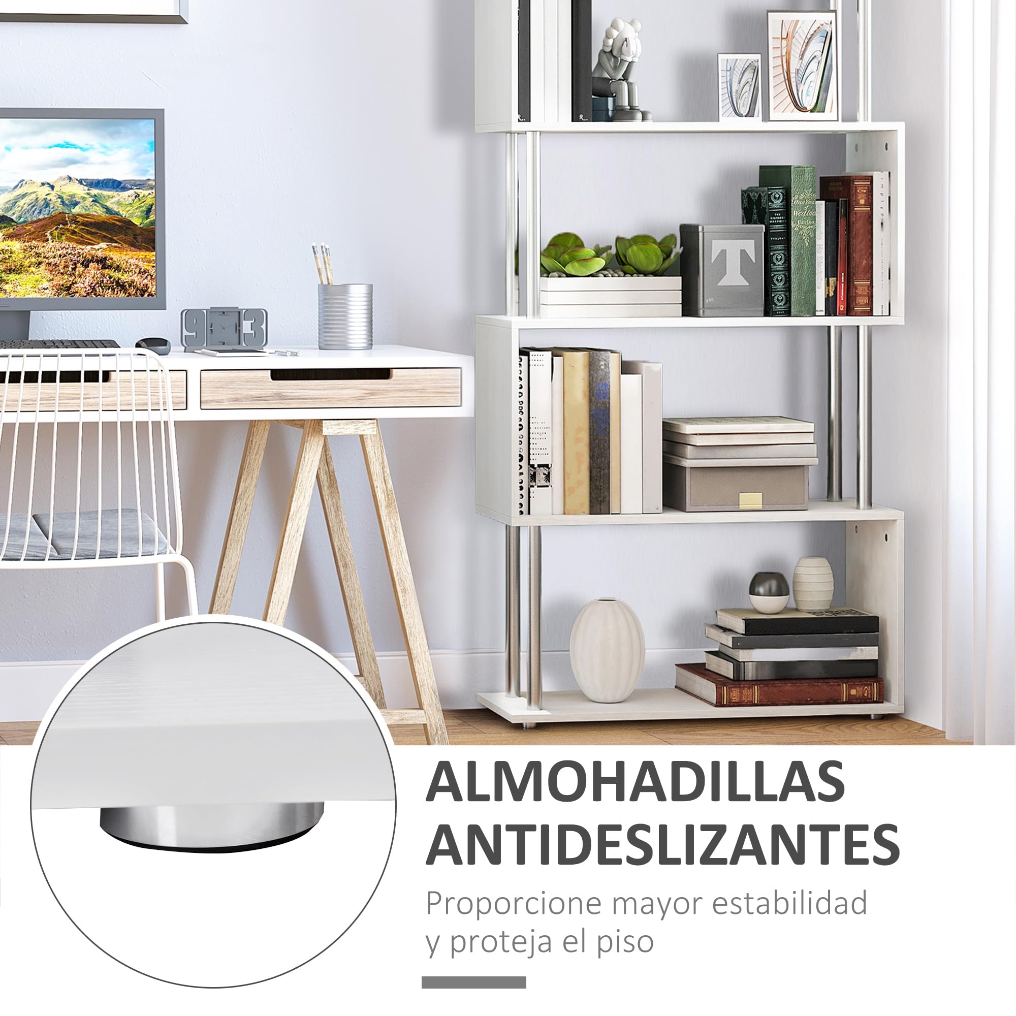 HOMCOM Libreria 80x30x145cm Madera y Metal Muebles Oficina Estanteria Estante Blanco