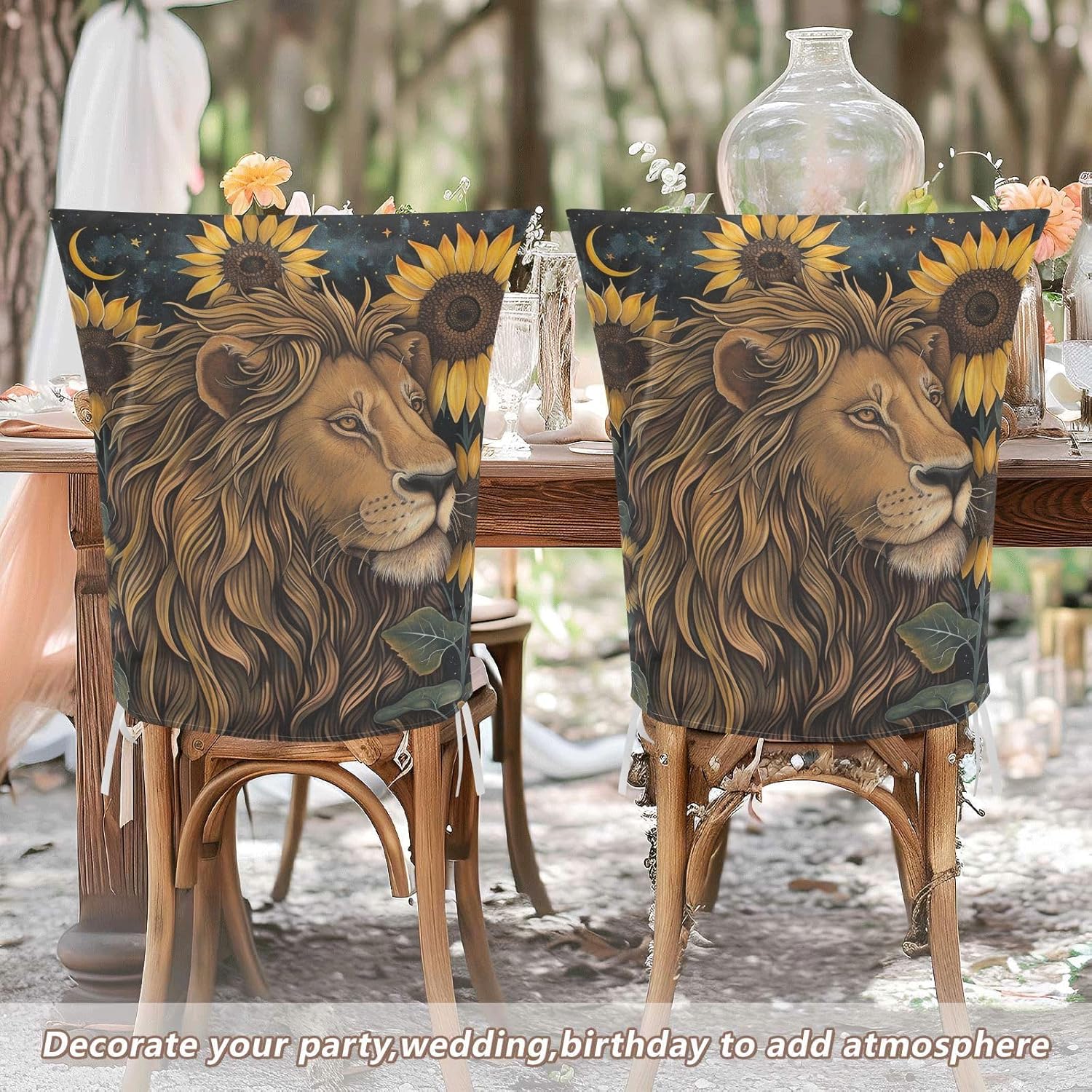 ALAZA Lion Sunflowers Moon Stars Chair Back Cover Set of 6, Washable Reusable Removable Chair Slipcovers Decorative Chair Cover for Home Kitchen Wedding Party