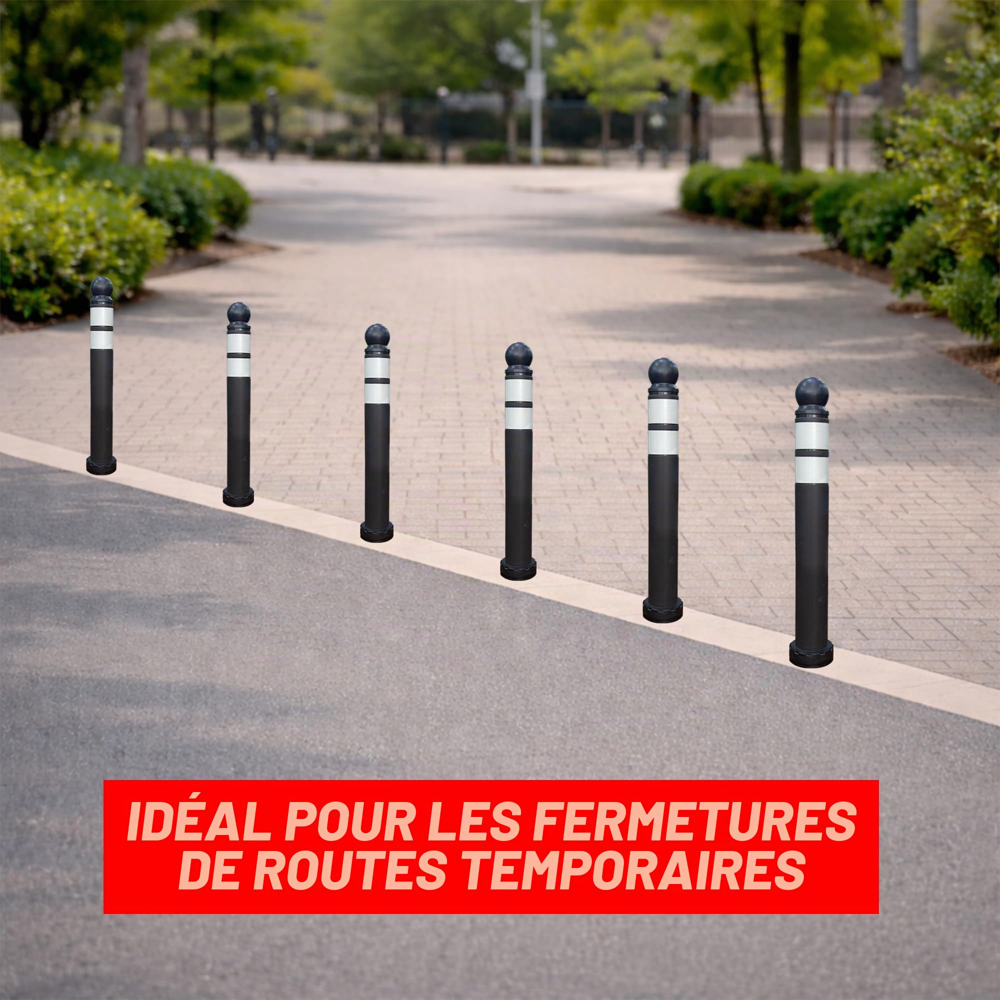 Délimiteur de circulation anti-stationnement de 68 cm | Barrière de sécurité réfléchissante noire avec tête sphérique | Poteau de refuge flexible en TPU avec base démontable, vis et ancrages pour