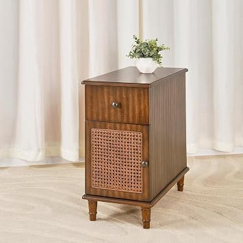 22 Wooden End Table with Drawer & Cabinet, MDF, Rubber Wood & Veneer, PVC Door Design, Side Table for Living Room & Bedroom, Brown, BZ-D0245-LWA