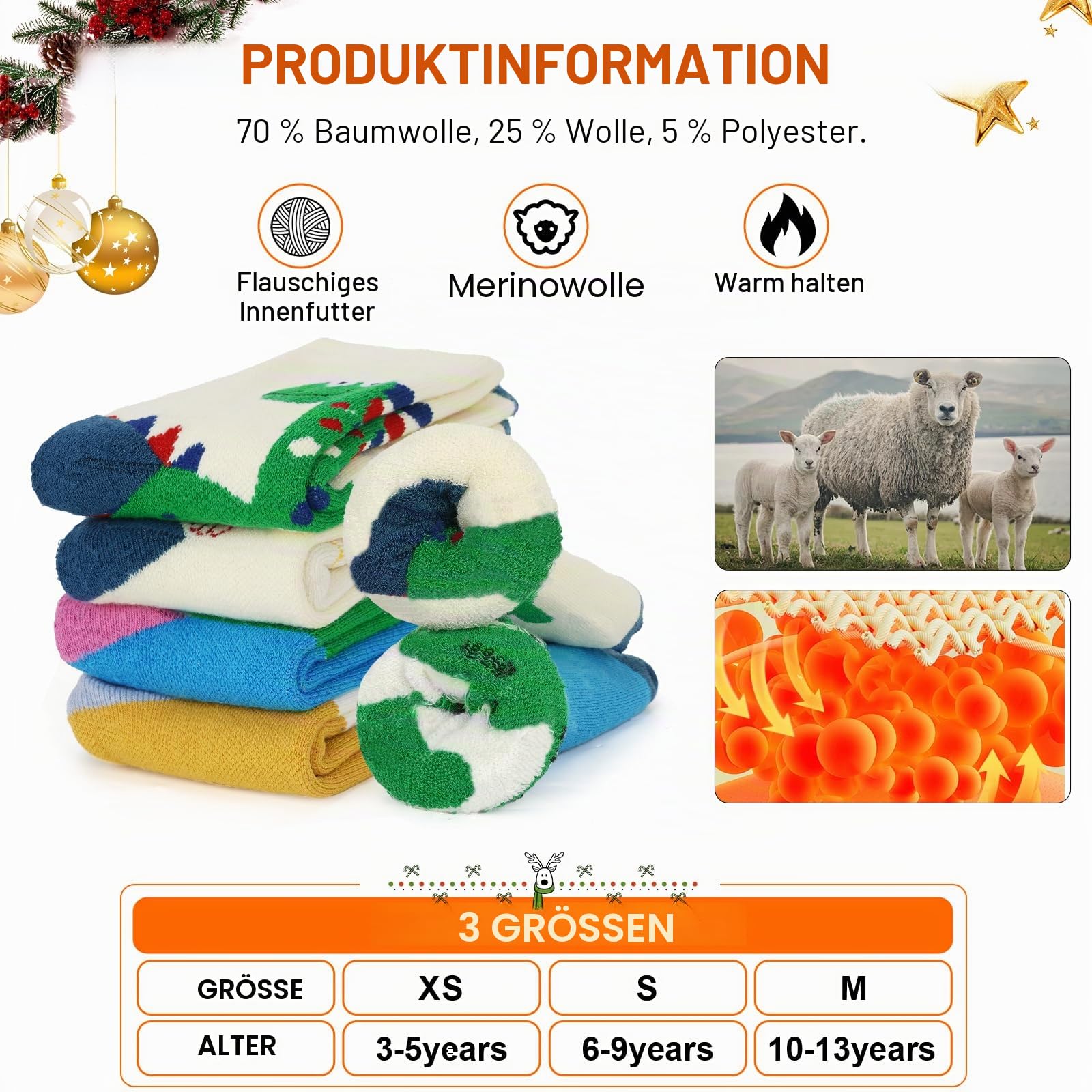 Warme Wintersocken für Kinder, Merinowolle, Wandern, verdickte Thermosocken für Jungen, Mädchen, Kleinkinder, Kinder, 4 Paar, 4 Pariser Dinosaurier, 3-5 Jahre