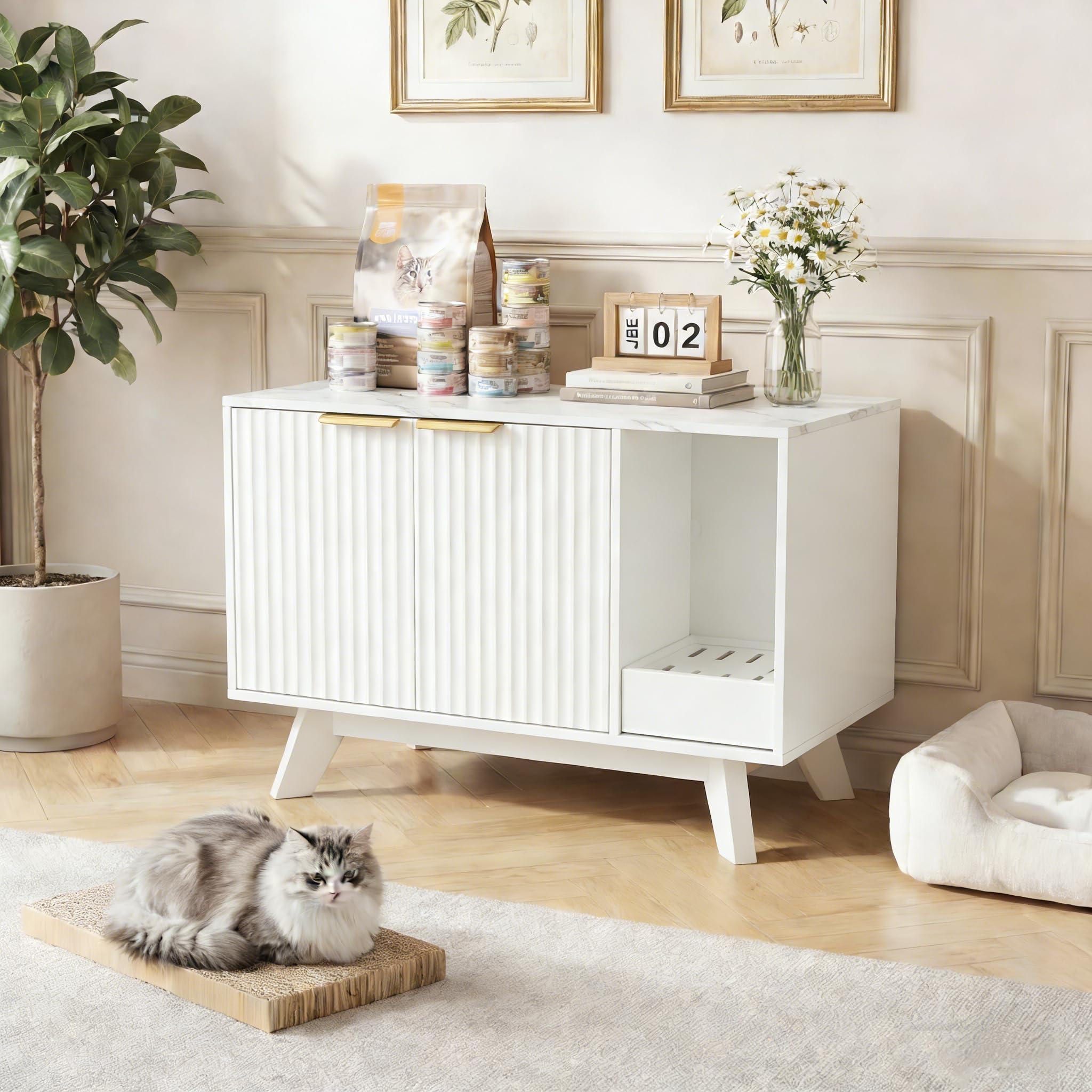Seang Cat Litter Box Enclosure with Litter Collector,Fluted Hidden Litter Box Furniture with Scratch Pad,31" Wooden Cat Cabinet,Cat House,TV Stand,Side Table for Living Room,White