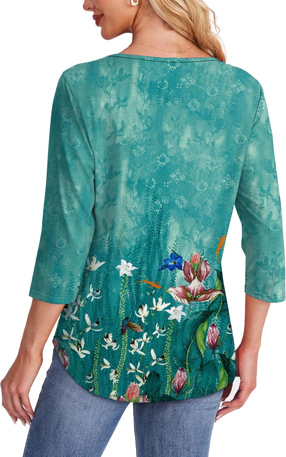 OFEEFAN Womens Tops 3/4 Length Sleeve Blouses Dressy Casual Spring Summer Fall Outfits Pleated Front T Shirts Curved Hem - Image 5