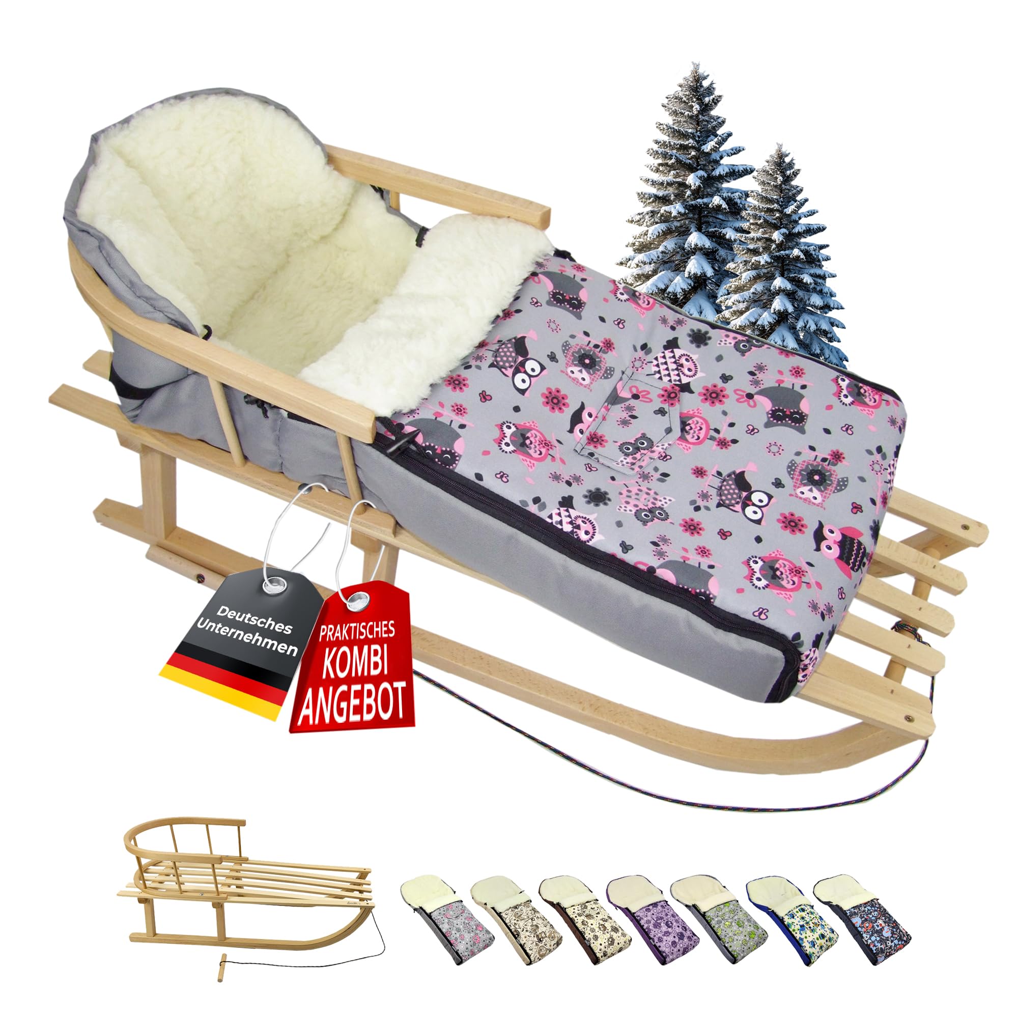 BAMBINIWELT - oferta kombi drewniane sanki z oparciem i linką do ciągnięcia + uniwersalny śpiwór zimowy (108 cm), nadaje się również do fotelika dziecięcego, wózka dziecięcego, wózka spacerowego, z
