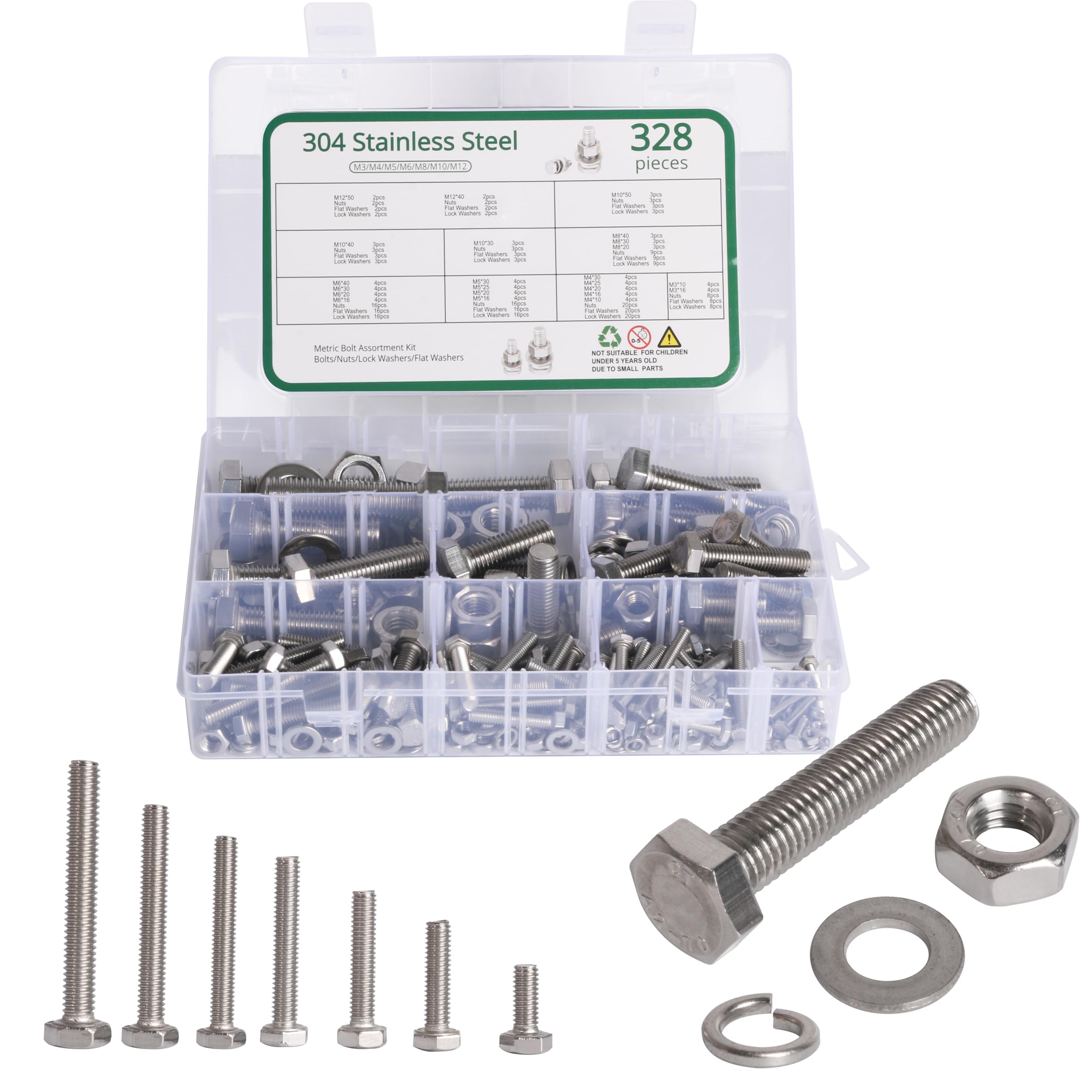 170-Piece Stainless Steel Hex Nut Assortment - M3 M4 M5 M6 M8 M10 M12 Sizes