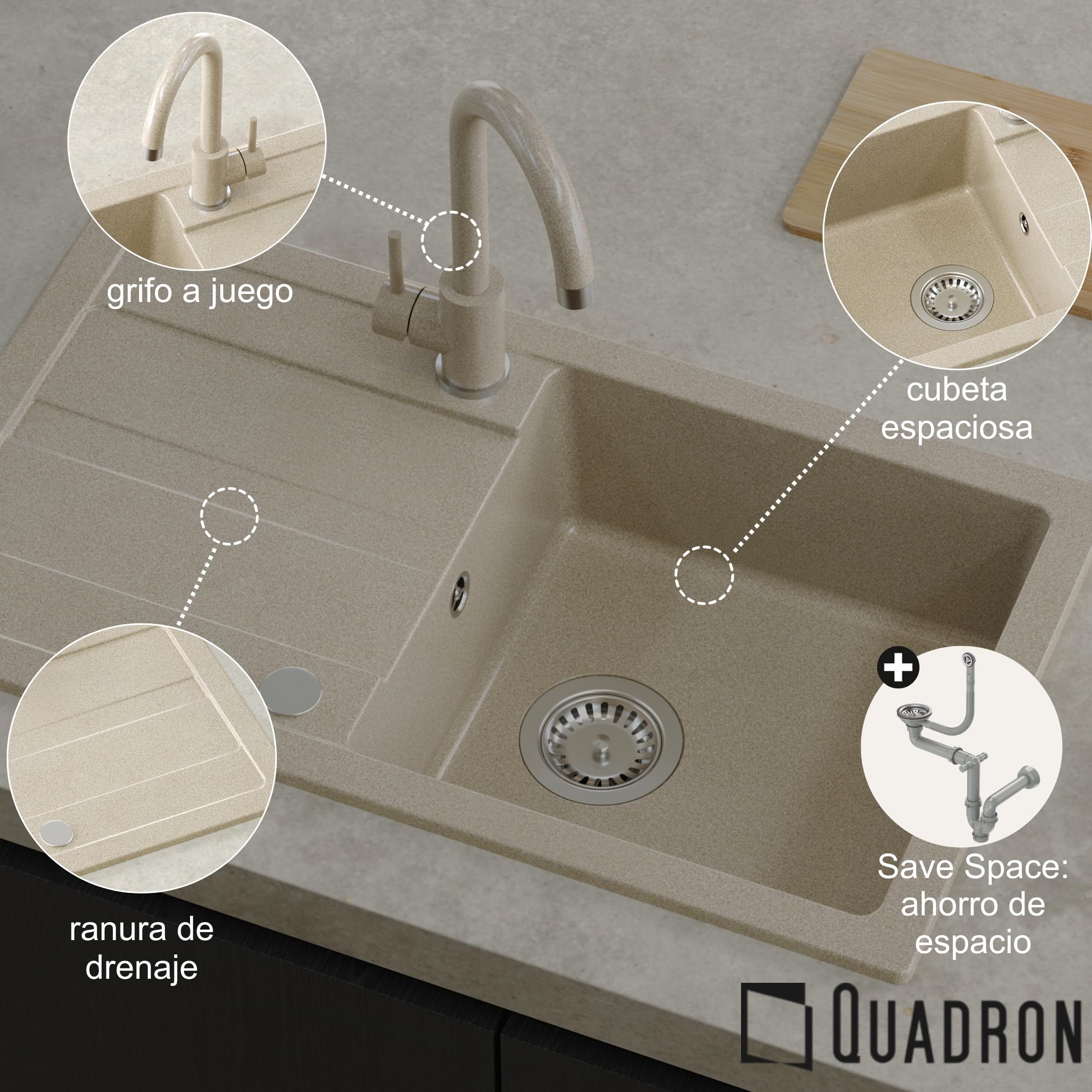 QUADRON | GO MAX | Lavello in granito | 1 vasca | Dimensioni: 77 x 44 x 17,6 | Mobile base di: 50 cm (proprio)