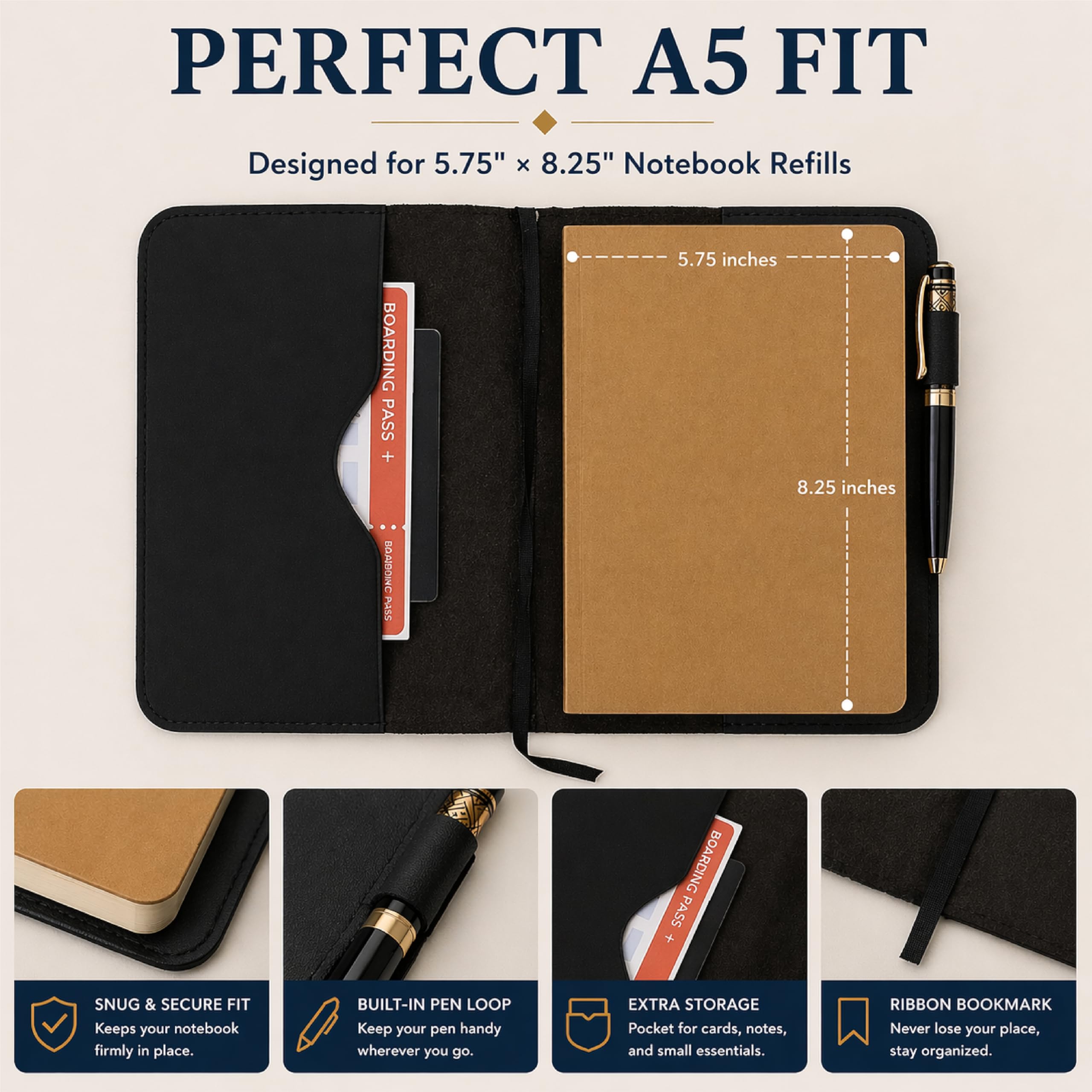 TheAntiq Premium Leather Journal Cover A5 – Handmade Refillable Notebook Sleeve with Pen Holder for Writing, Travel & Business Use, 5.7 x 8.25 - Black