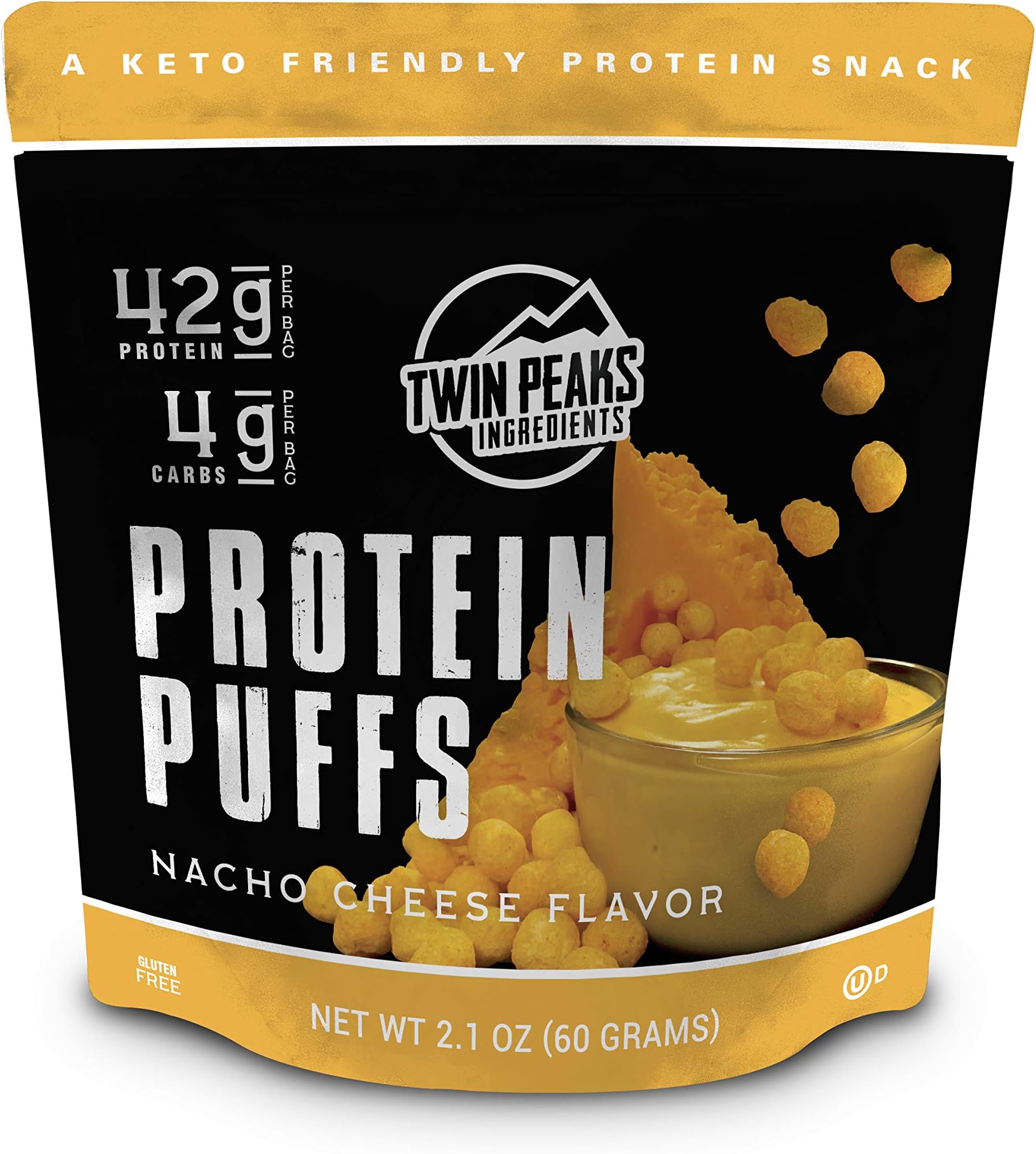 Twin Peaks Low Carb, Keto Friendly Protein Puffs, Nacho Cheese 2 Servings, 3 Pack (60g, 42g Protein, 4g Carbs)