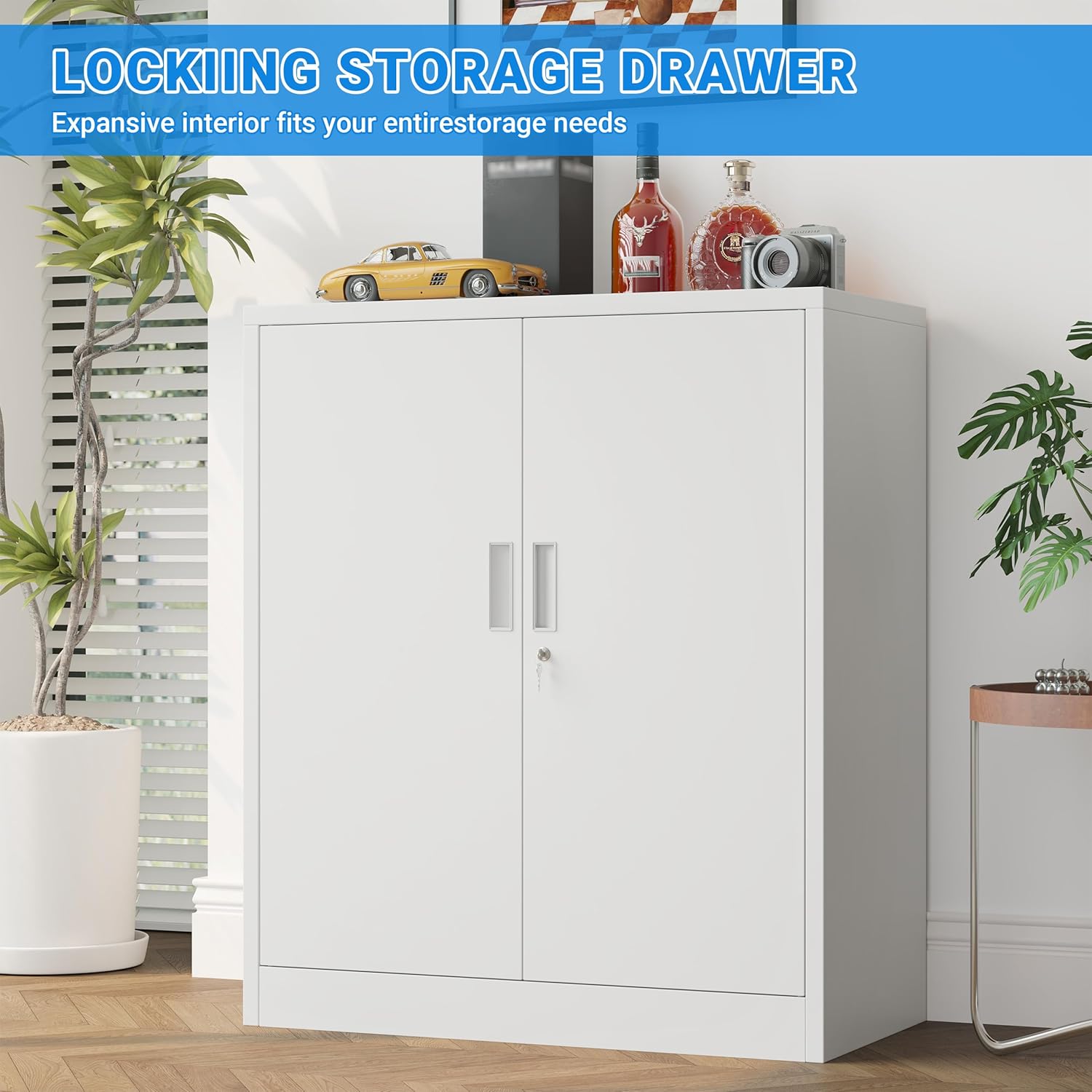 BESFUR Metal Storage Cabinet with Lock and 2 Adjustable Shelves, 36" H Lockable Storage Cabinet for Home, Office, Garage, Utility Room and Basement(White)