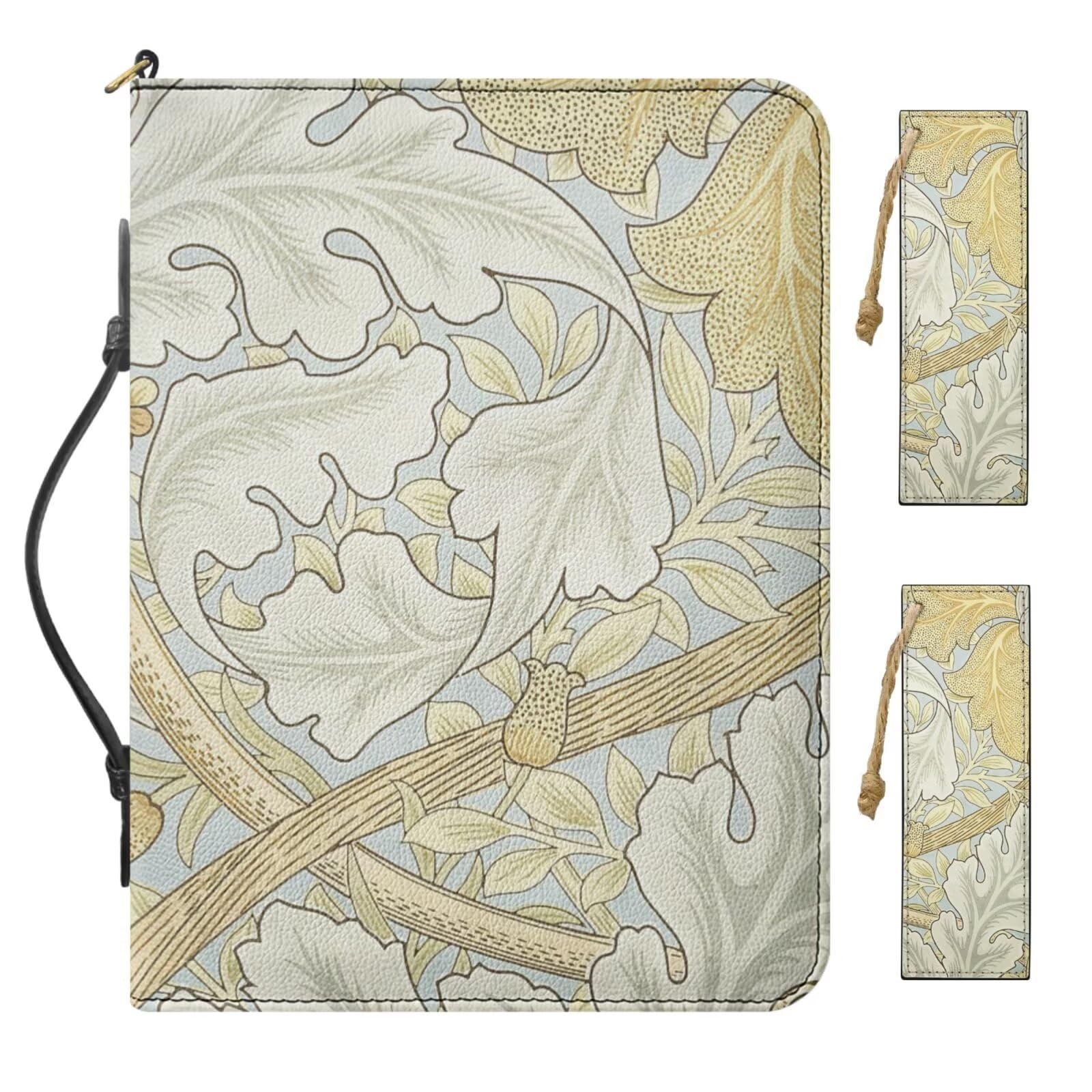 Buxolandt Extra Large PU Leather Bible Cover Protector, Comes with 2 Leather Bookmarks, Bible Case with Handle Built-in Pocket Pen Slots, Work of William Morris Printed Women's Bible Case White