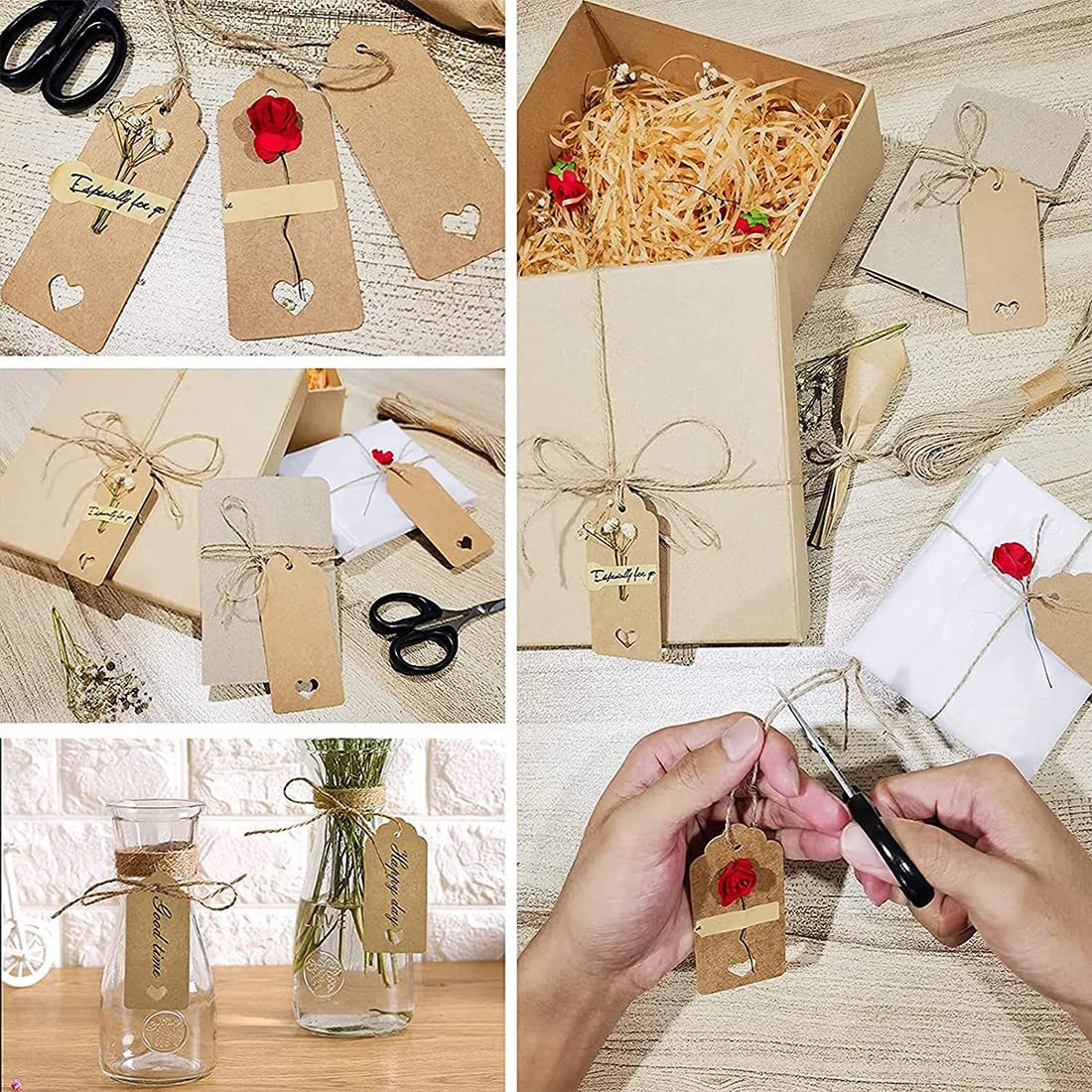 SJBAUTYO 100 Étiquettes Cadeaux Kraft Rectangulaires Avec Ficelle De Jute 10m - Étiquettes Mariage Noël Anniversaire