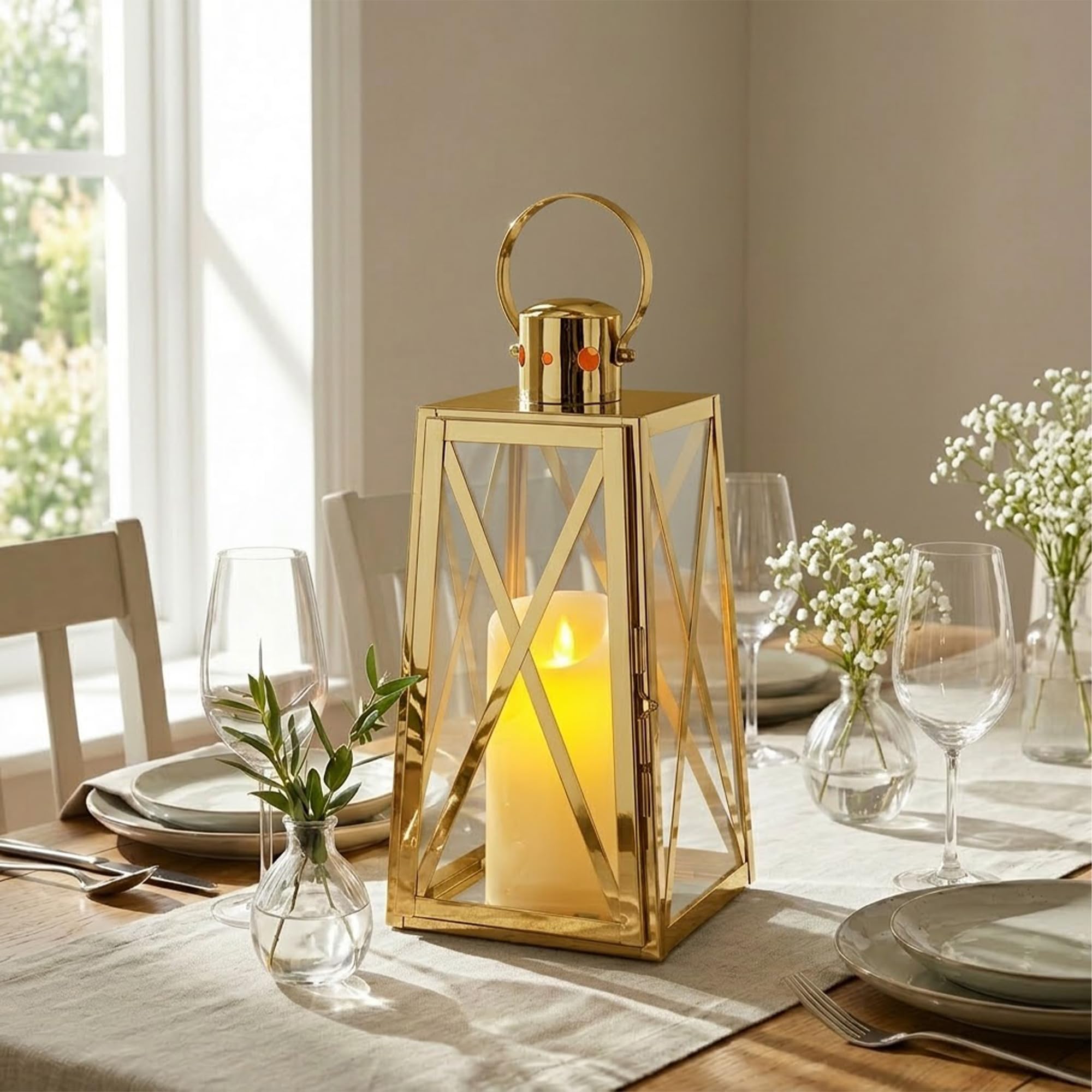 TRIROCKS Farol Decorativo de Acero Inoxidable 30cm Alto, Soporte para Vela con Vidrio Templado, Ideal para Decoración de Sala y Eventos (Dorado)