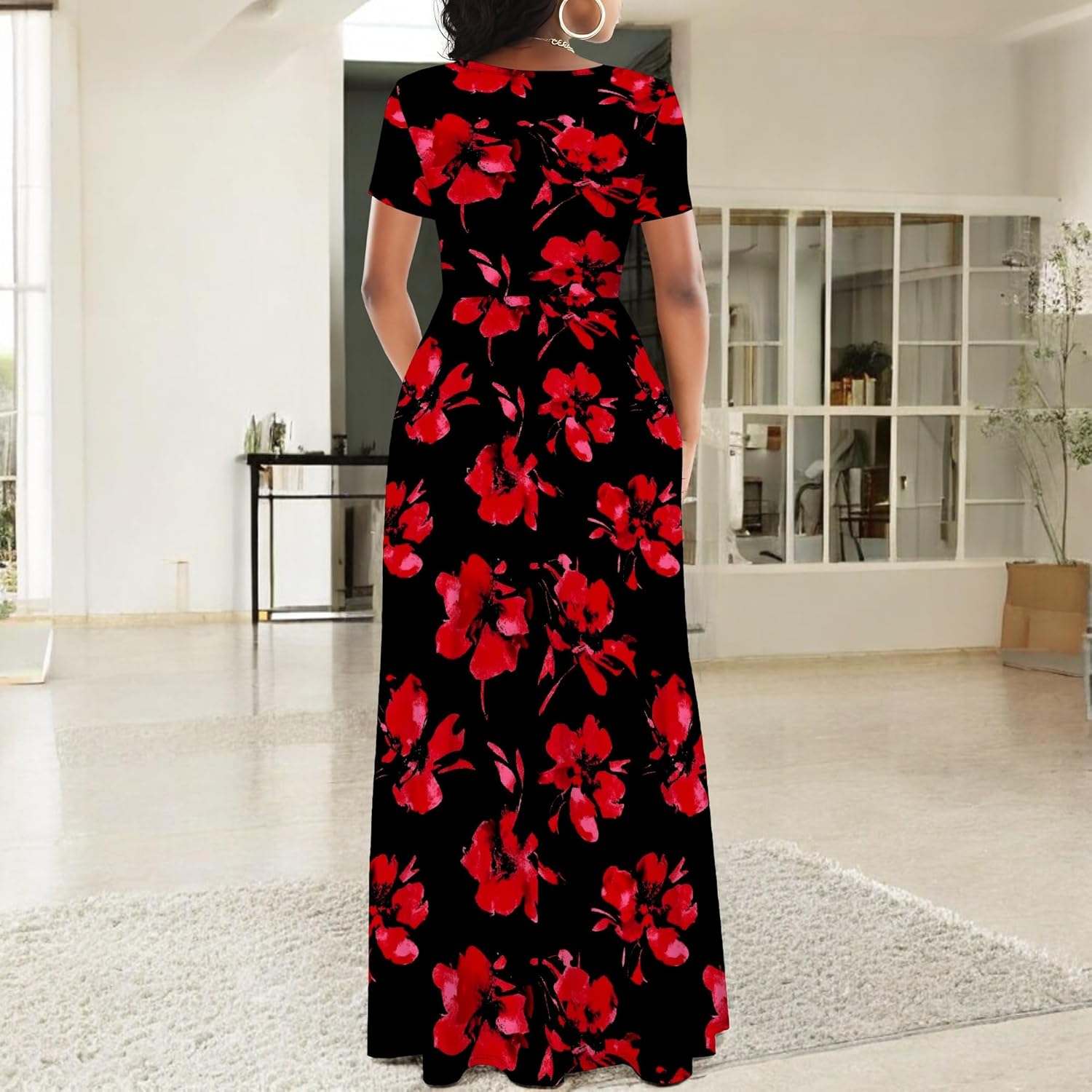 Women's Elegant A-line Maxi Dress Flowy Short Sleeve High Waist Dress Casual Vacation Beach Sundress - Image 2