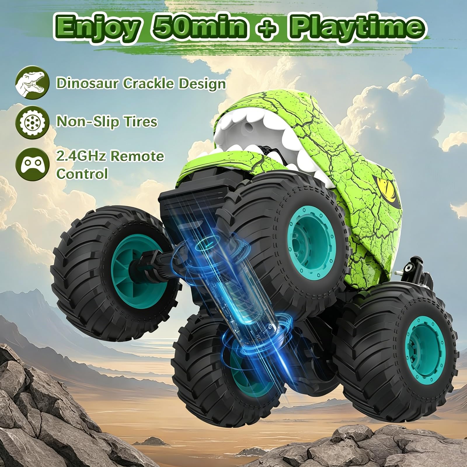 Zdalnie sterowana ciężarówka z dinozaurami, 2,4 GHz RC z funkcją spryskiwania, światłem i dźwiękiem, obracana o 360°, zabawka dinozaura dla chłopców od 3, 4, 5, 6, 7, 8, 9 i 10 lat (zielona)