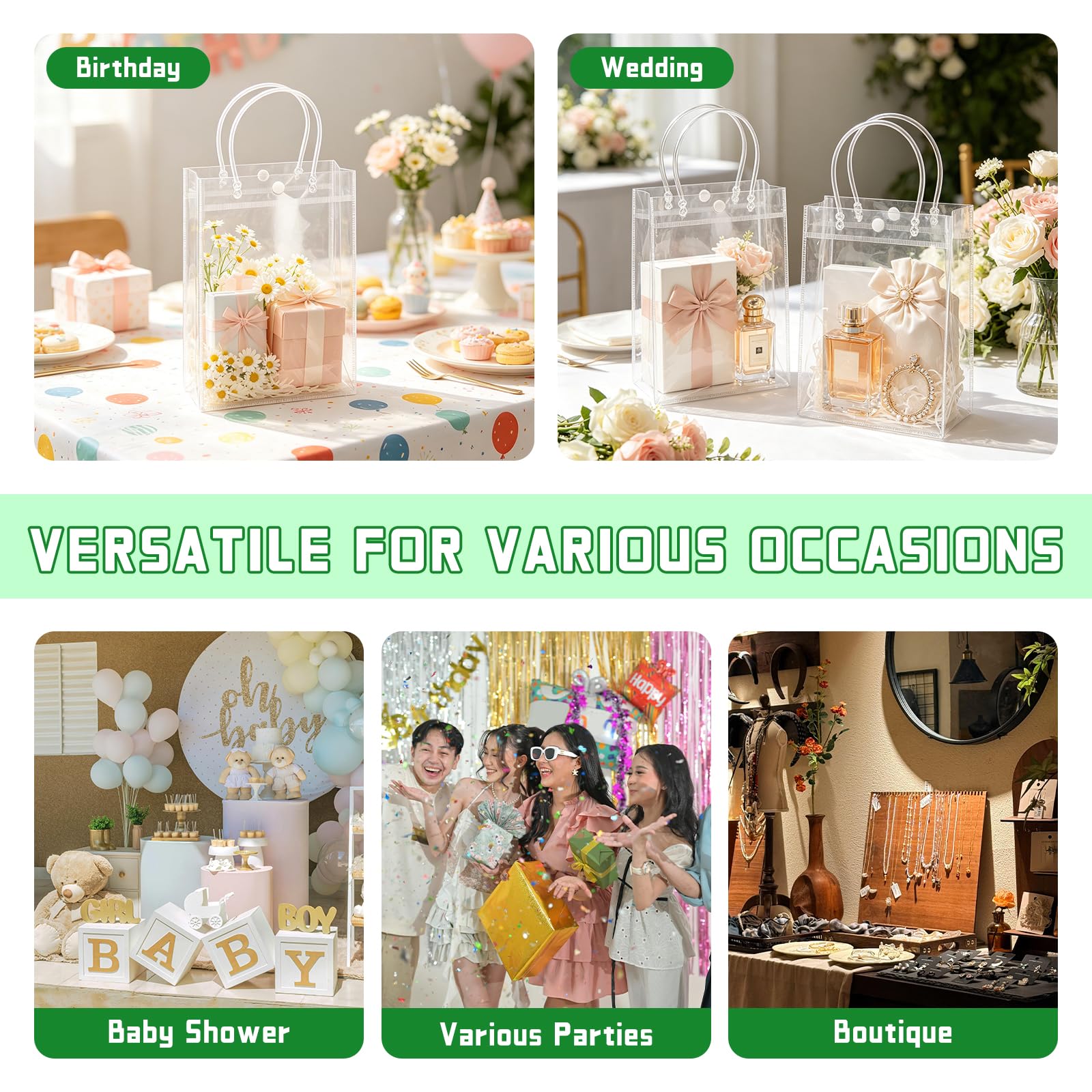 BadenBach 24 PCS Clear Gift Bags with Handles, 7.5 x 10.6 x 3.5 Inch Clear Plastic Party Favor Bag Transparent Goodie Tote Bag Gift Wrap Bags Bulk for Wedding Baby Shower Birthday Mother's Day